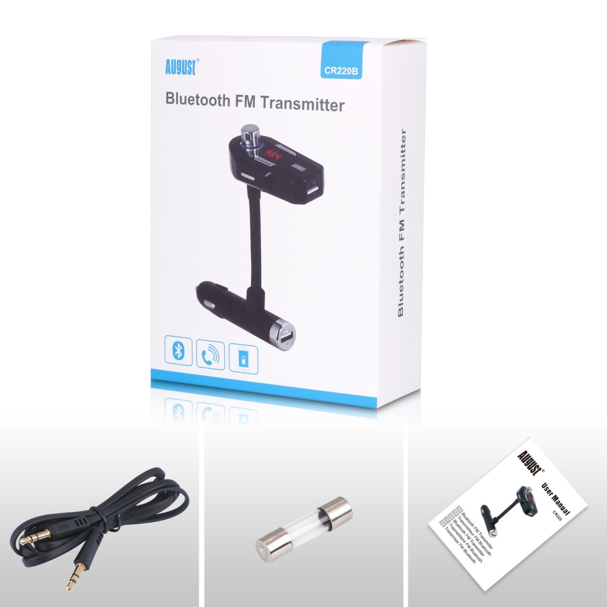 August CR220B Car FM Transmitter with Bluetooth 5.0, USB A Charging Port & Hands-Free Calling - Wireless Music Streaming & Phone Charger for Road Trips & Commuting
