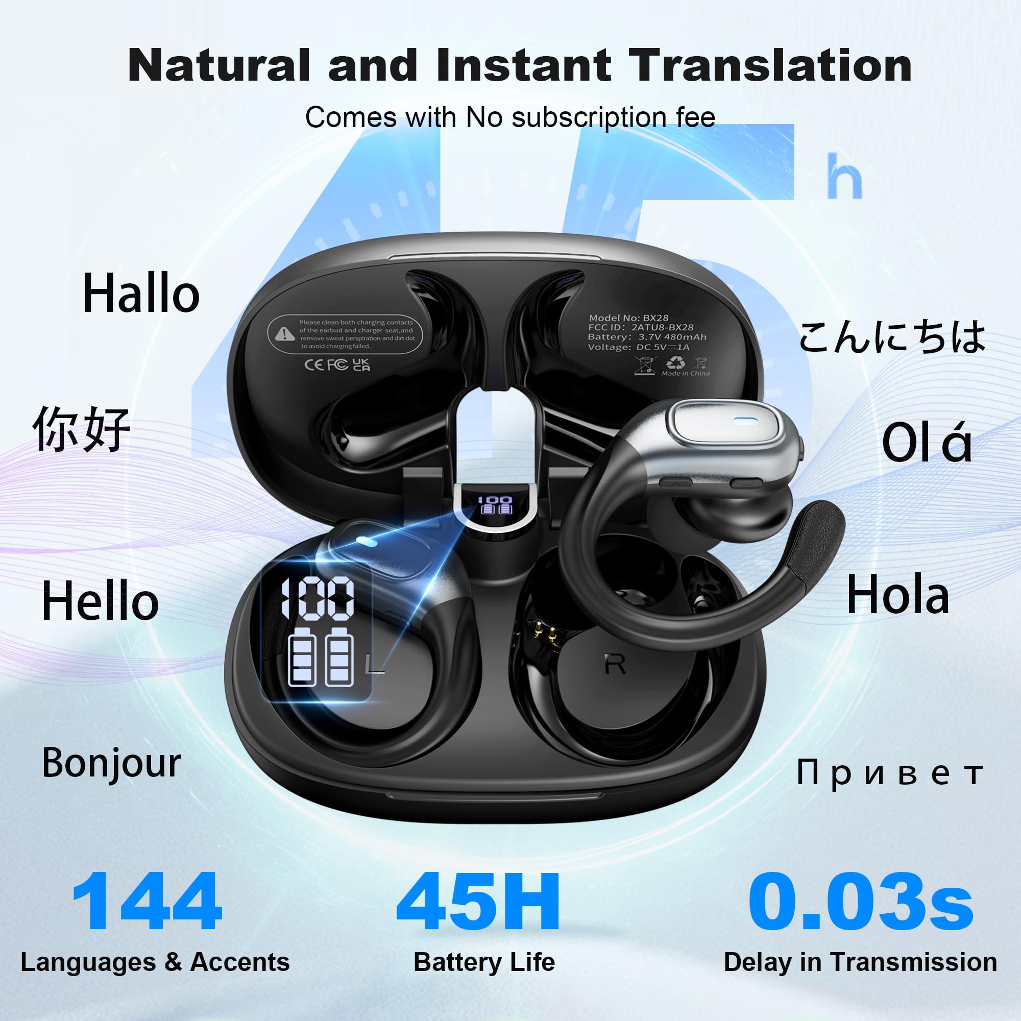 AI Language Translator Earbuds with 144 Languages & Accents - 3-in-1 Real-Time Translation Headphones for iOS & Android - Perfect for Travel, Business Meetings & Language Learning (Black)