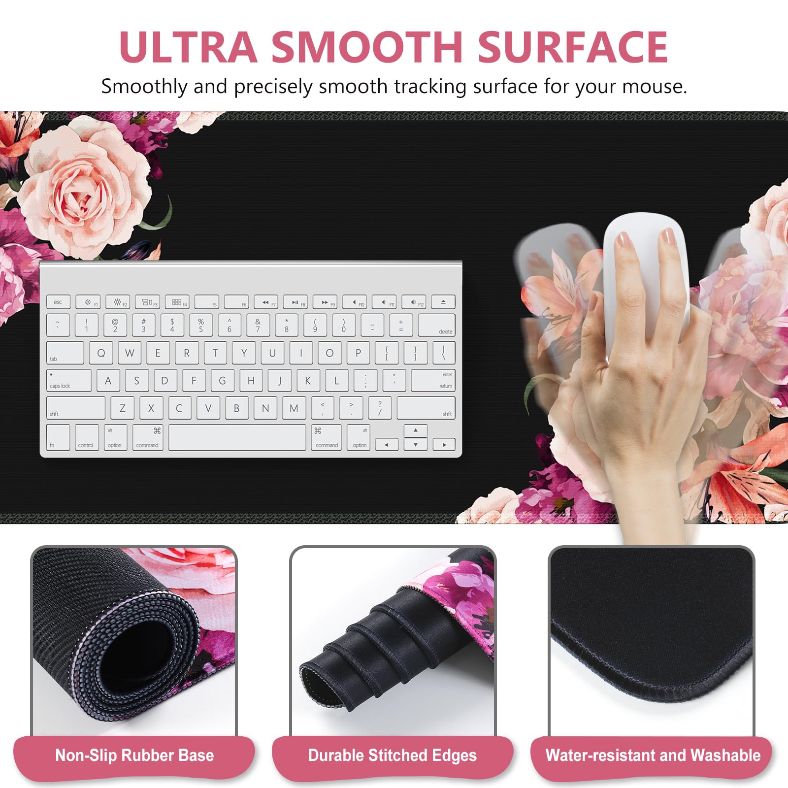 iLeadon 4-in-1 Mouse Pad Set with Wrist Rest - Large Desk Mat, Ergonomic Keyboard Wrist Support & Coaster - Non-Slip Office Accessories for Computer, Laptop, Gaming - Peony Flower Design for Home & Workspace