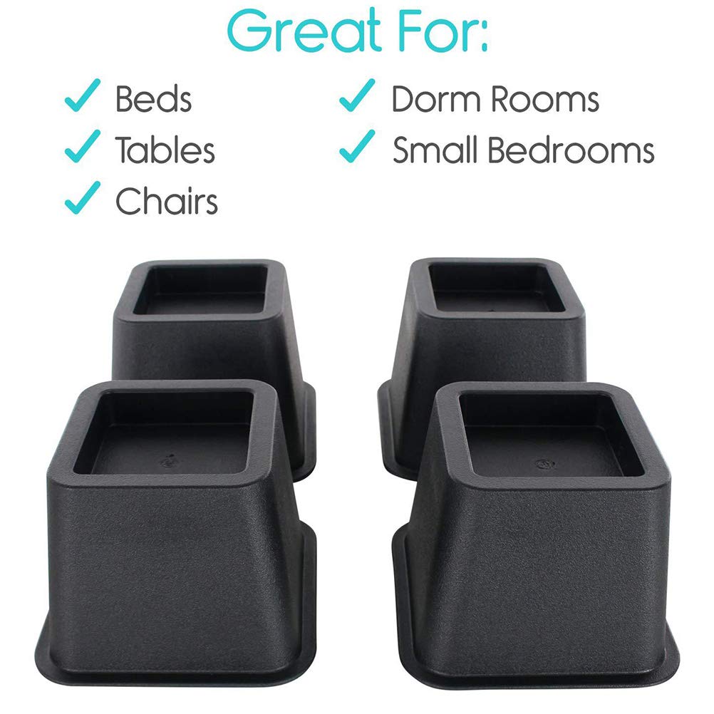 4pcs Heavy Duty Black Bed Risers - Adjustable Bed Frame & Chair Leg Extenders for Sofa, Couch, Table - Carpet Protector & Furniture Support for Home, Dorm, Office Use