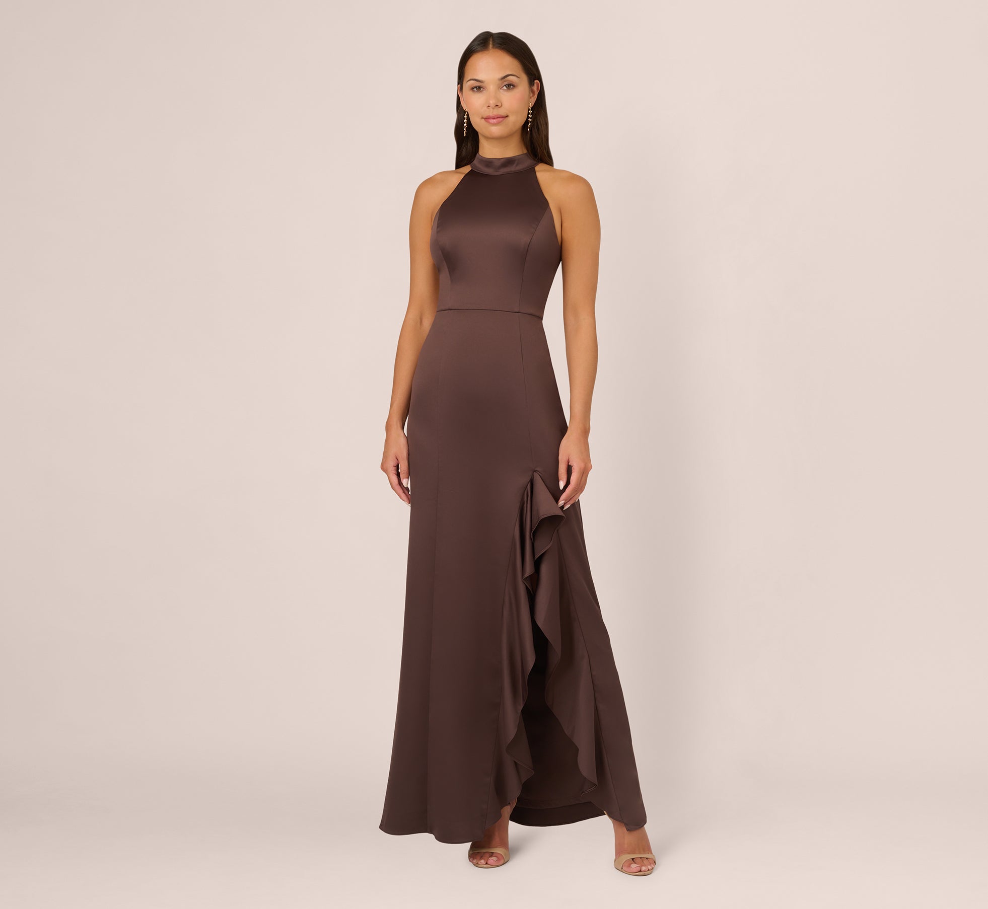 Elegant Dark Brown Satin Halter Mermaid Gown with Ruffle Trim - Perfect for Evening Galas, Prom Nights & Formal Events
