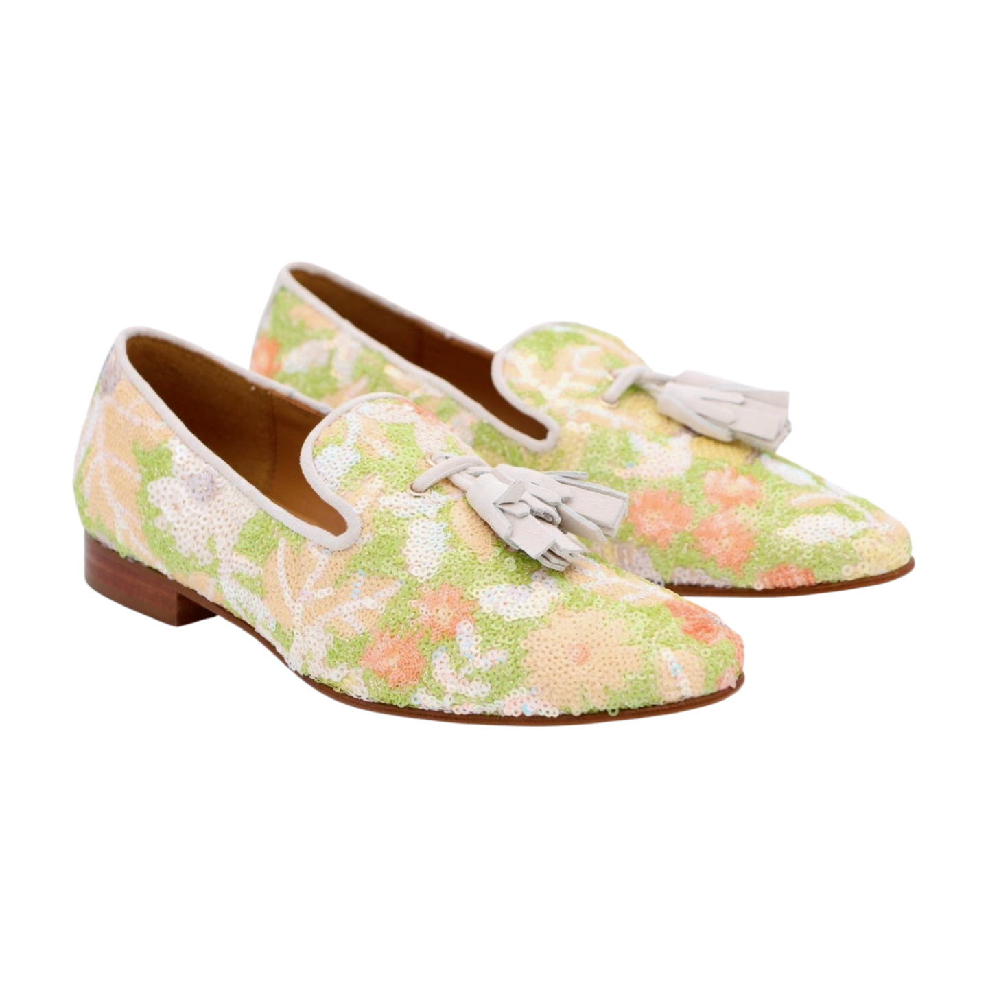 PEDRO MIRALLES Women's Green & Peach Sequins Loafers with Tassels - Stylish Slip-On Shoes for Women | Perfect for Office, Parties & Casual Outings