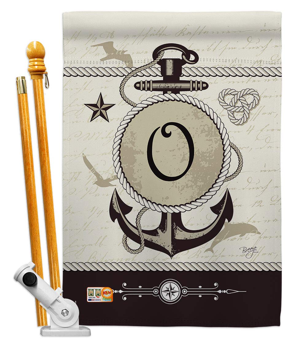 O Initial Coastal Nautical House Flag Set 28x40 with Pole - Beach Home Decor