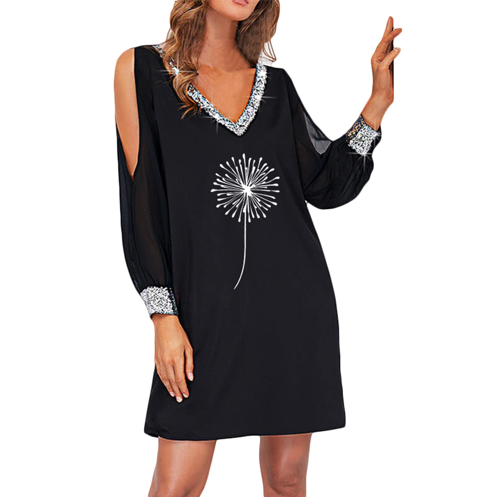 Elegant Off Shoulder V-Neck Long Sleeve Paillette Floral Print Dress for Women - Perfect for Evening Parties, Weddings & Special Occasions