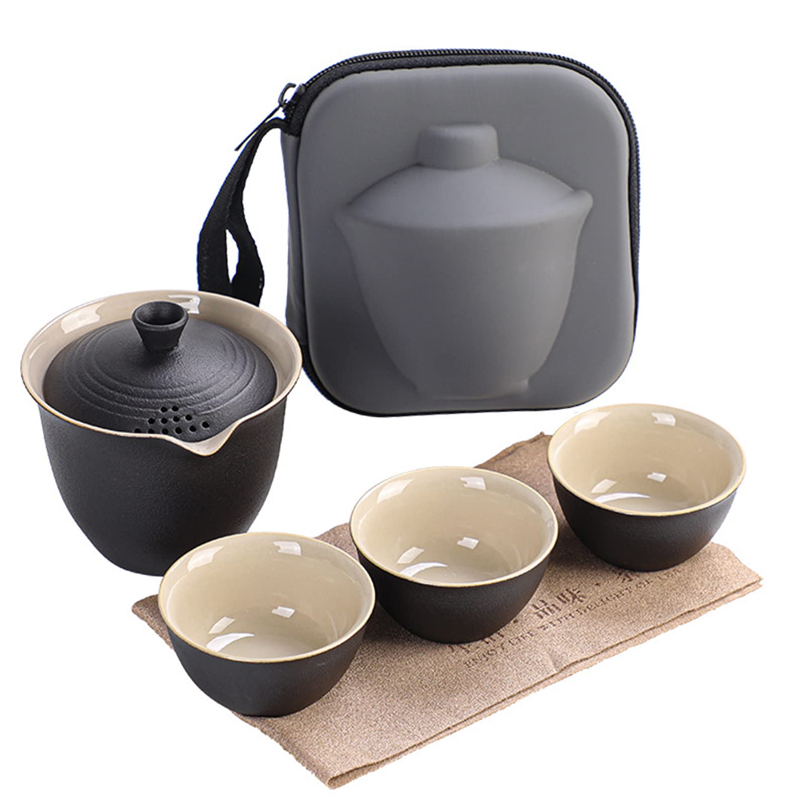 ORHA Portable Ceramic Gongfu Tea Set - Mini Travel Teapot with Infuser & 3 Teacups - Compact Gaiwan Tea Brewing Kit for Camping, Office, Picnic & Home Use (Black)