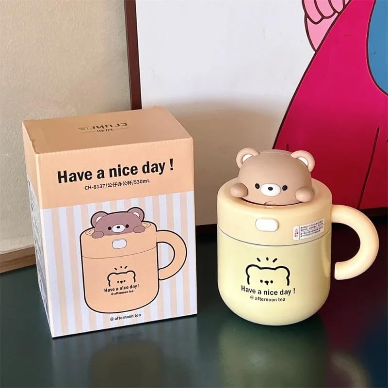 Cute Bunny Bear Stainless Steel Double Walled Vacuum Insulated 530ml Leak Proof Straw Tumbler with Lid - Perfect for Kids, Travel, Office & Outdoor Activities (White)