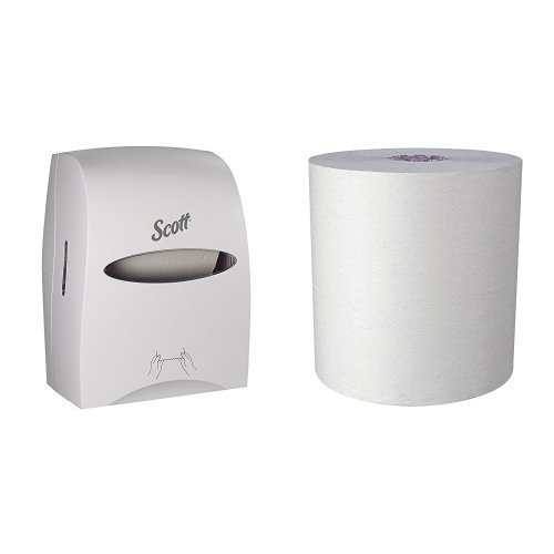 Scott Essential System Roll Towel Dispenser (White) with 6 Hard Roll Paper Towels - Commercial & Home Kitchen, Bathroom, Office Hand Towel Solution