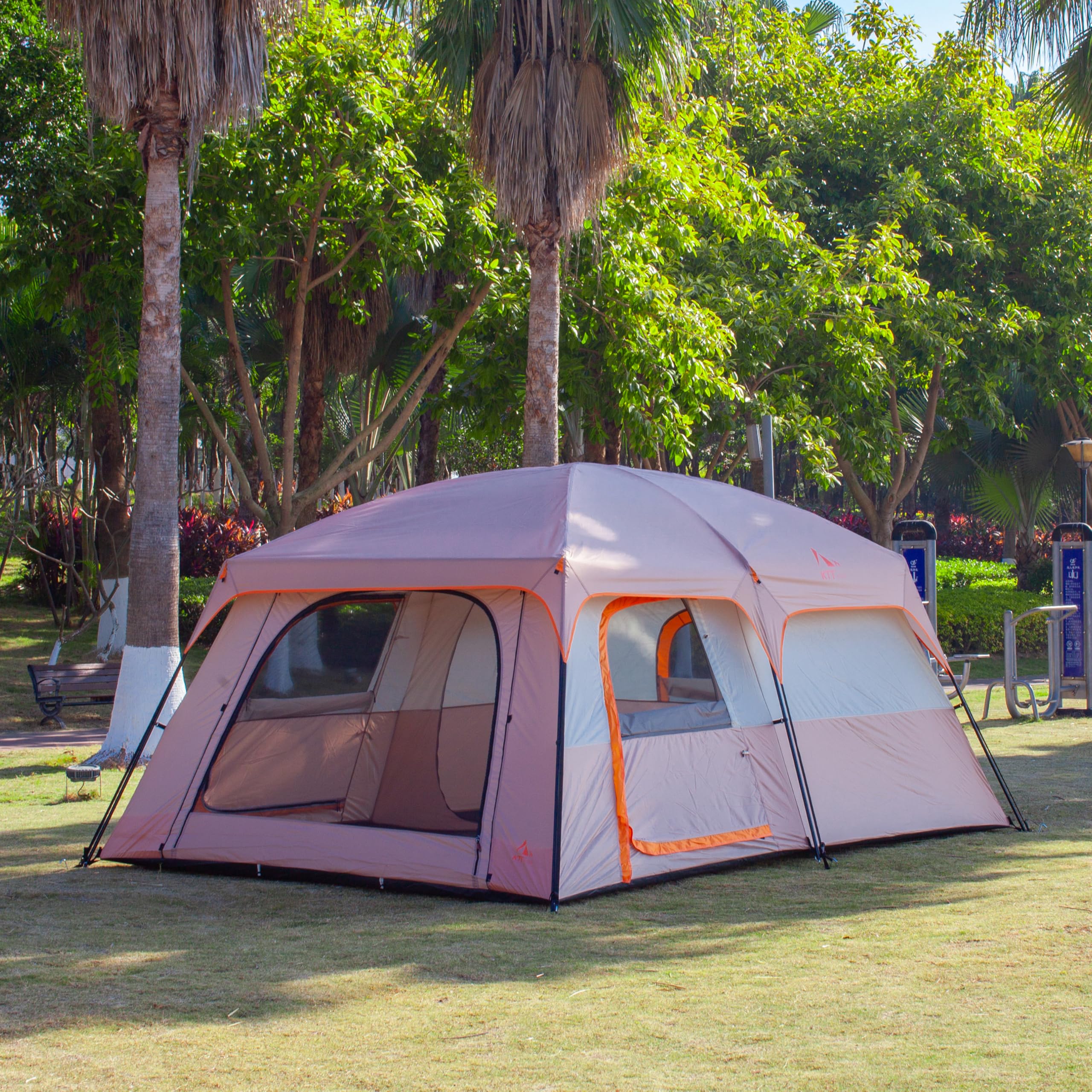 KTT Extra Large Family Cabin Tent for 10-12-14 People (Style-B) - 2 Rooms, 3 Doors & 3 Windows with Mesh, Waterproof Double Layer Straight Wall Design - Perfect for Camping, Picnics, Outdoor Adventures & Family Gatherings