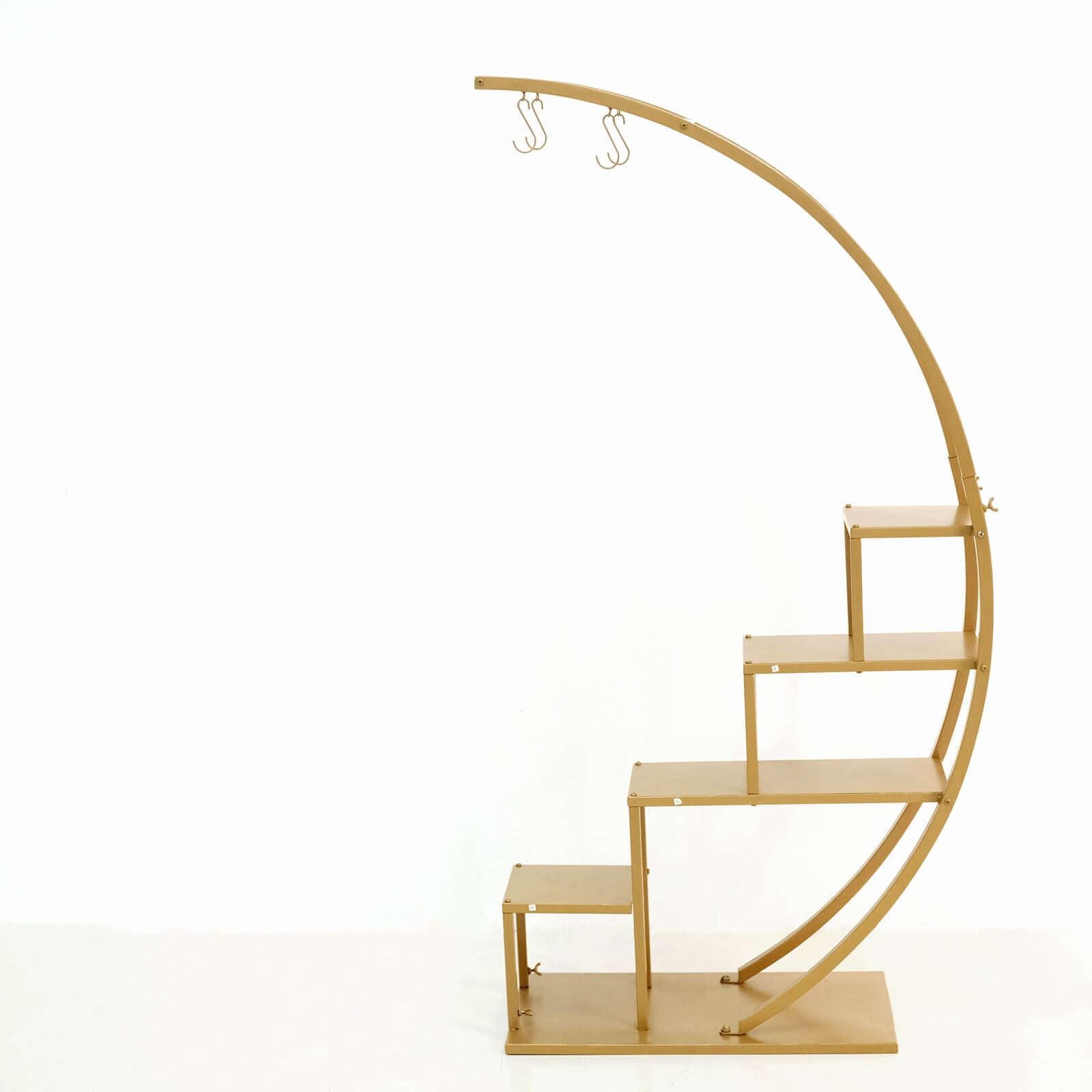 Efavormart 4.5ft Gold Metal 4-Tier Half Moon Plant Shelf with Hanging Hooks - Cupcake Dessert Display Stand for Home Decor, Wedding, Party & Retail Store Display