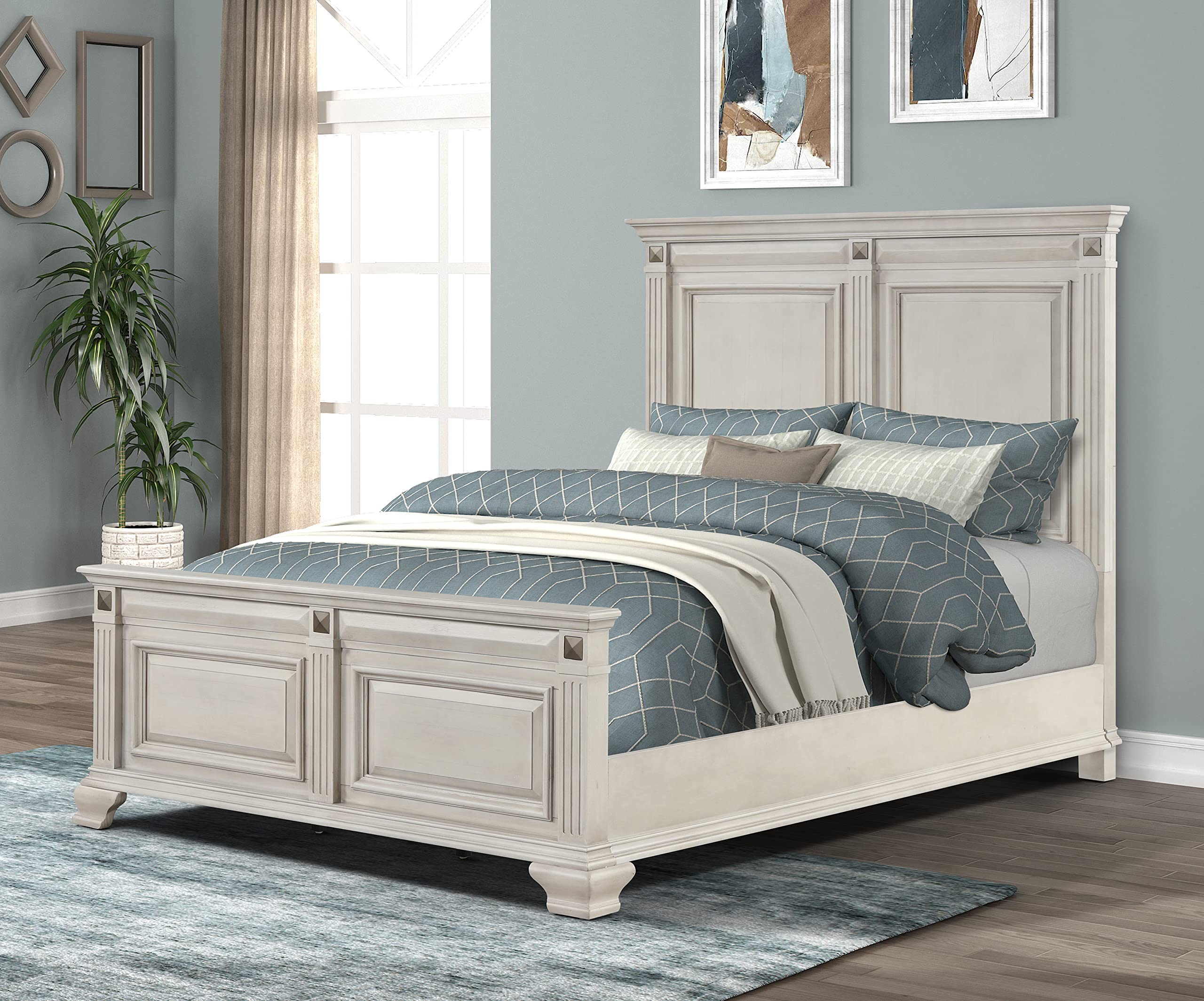 Roundhill Furniture Renova Wood Queen Bedroom Set - Distressed Parchment Panel Bed with Dresser, Mirror & 2 Nightstands | Complete Bedroom Furniture for Master Bedroom, Guest Room & Apartment