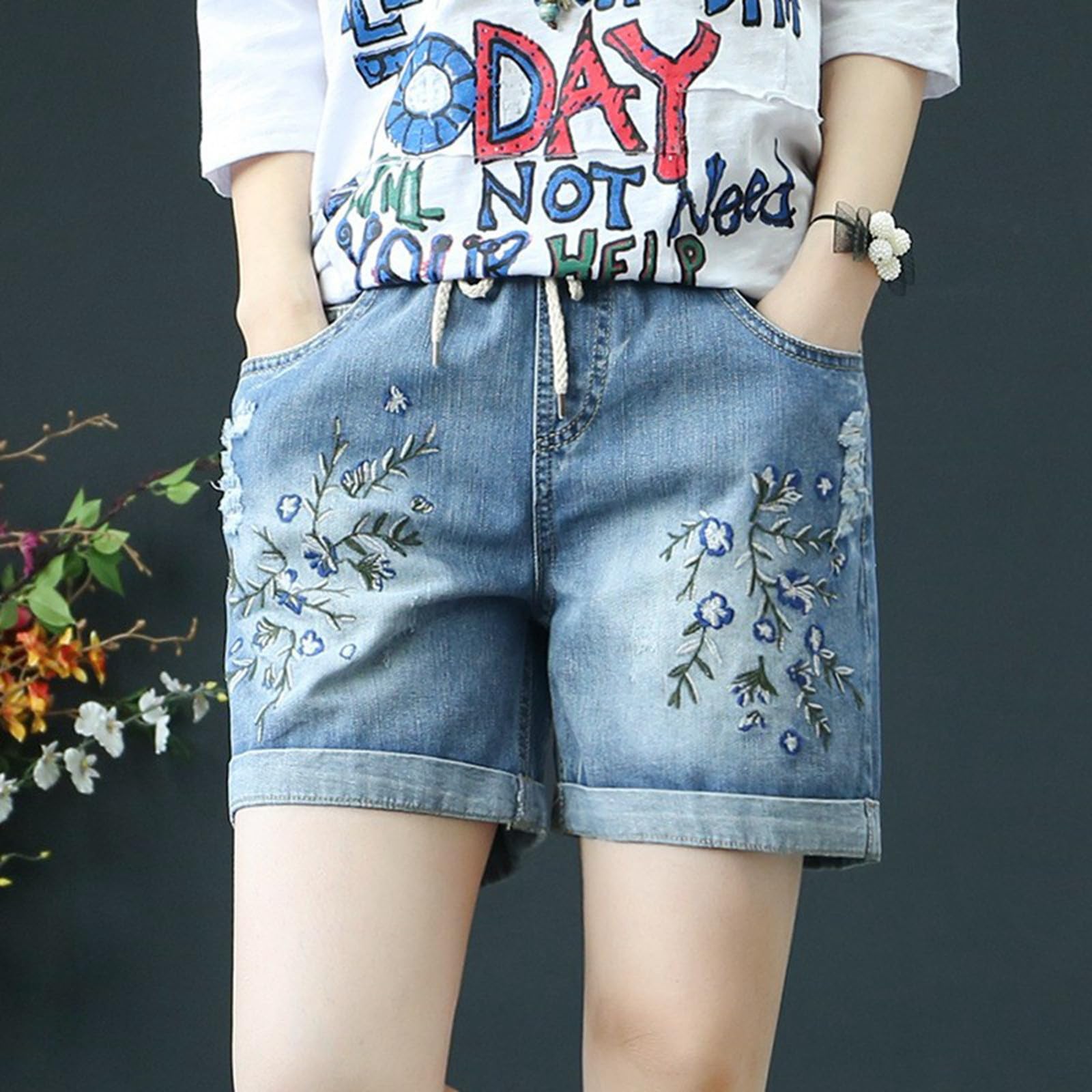 Women's Summer Denim Shorts - National Wind Embroidery Design, High Waist Loose Fit Distressed Jeans for Casual Wear | Beach, Street Fashion & Vacation Outfits