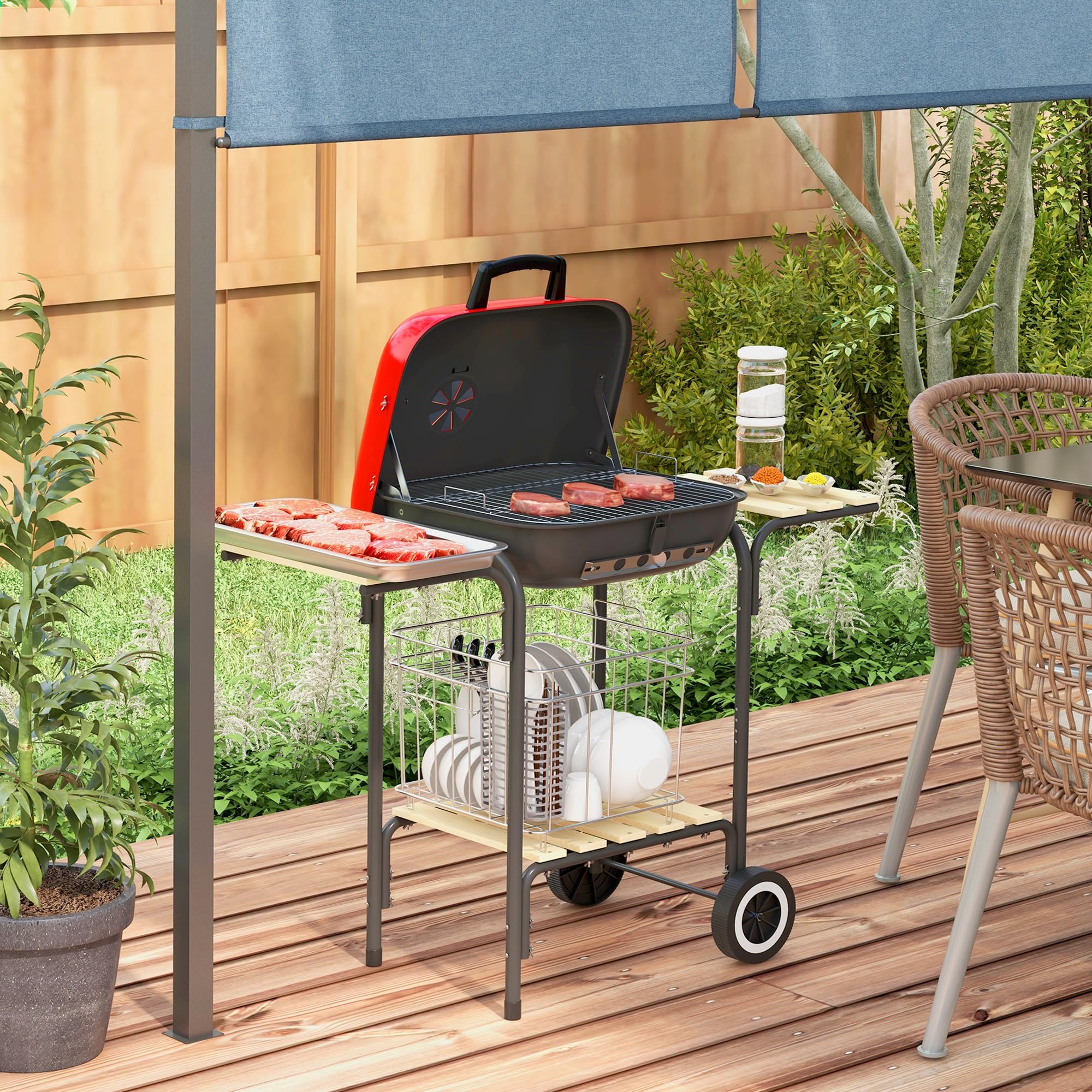 Outsunny 17 Inch Portable Charcoal Grill with Wheels, 2 Side Tables & Bottom Shelf - Adjustable Vents BBQ for Picnic, Camping, Backyard Cooking (Red) | Perfect for Outdoor Grilling, Tailgating & Family Gatherings