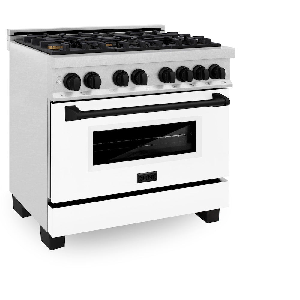 ZLINE Autograph Edition 36-inch Dual Fuel Range - 4.6 cu. ft. Capacity, 6-Burner Gas Cooktop & Electric Convection Oven - Satin Stainless Steel with White Matte Door & Black Accents (RASZ WM 36 MB) - Perfect for Modern Kitchens, Home Chefs & Gourmet Cooking