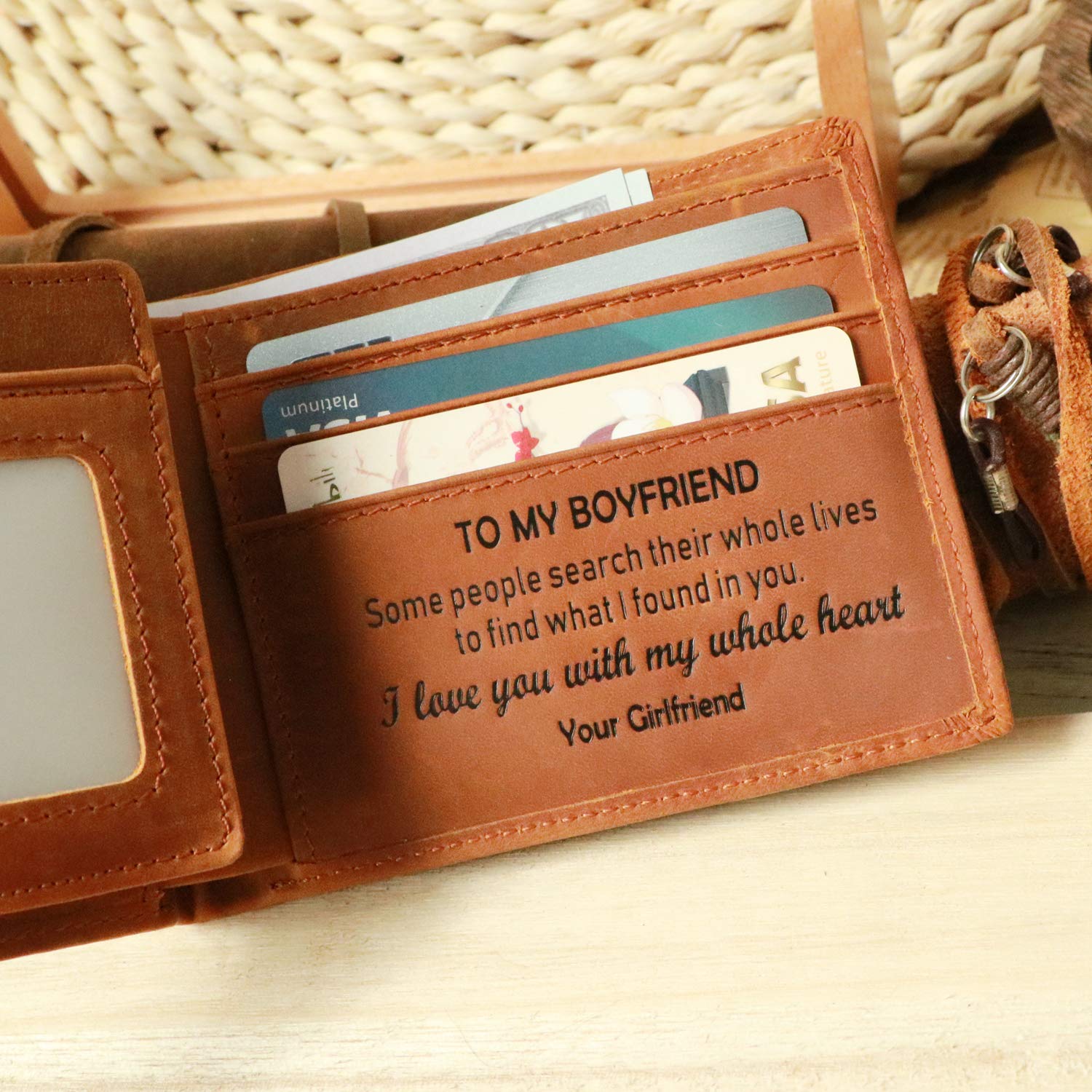 Personalized Engraved Trifold Leather Wallet for Men - Romantic Valentine's Day Gift for Boyfriend, Husband & Dad - Best Anniversary & Birthday Present Idea - Perfect for Everyday Use, Travel & Special Occasions