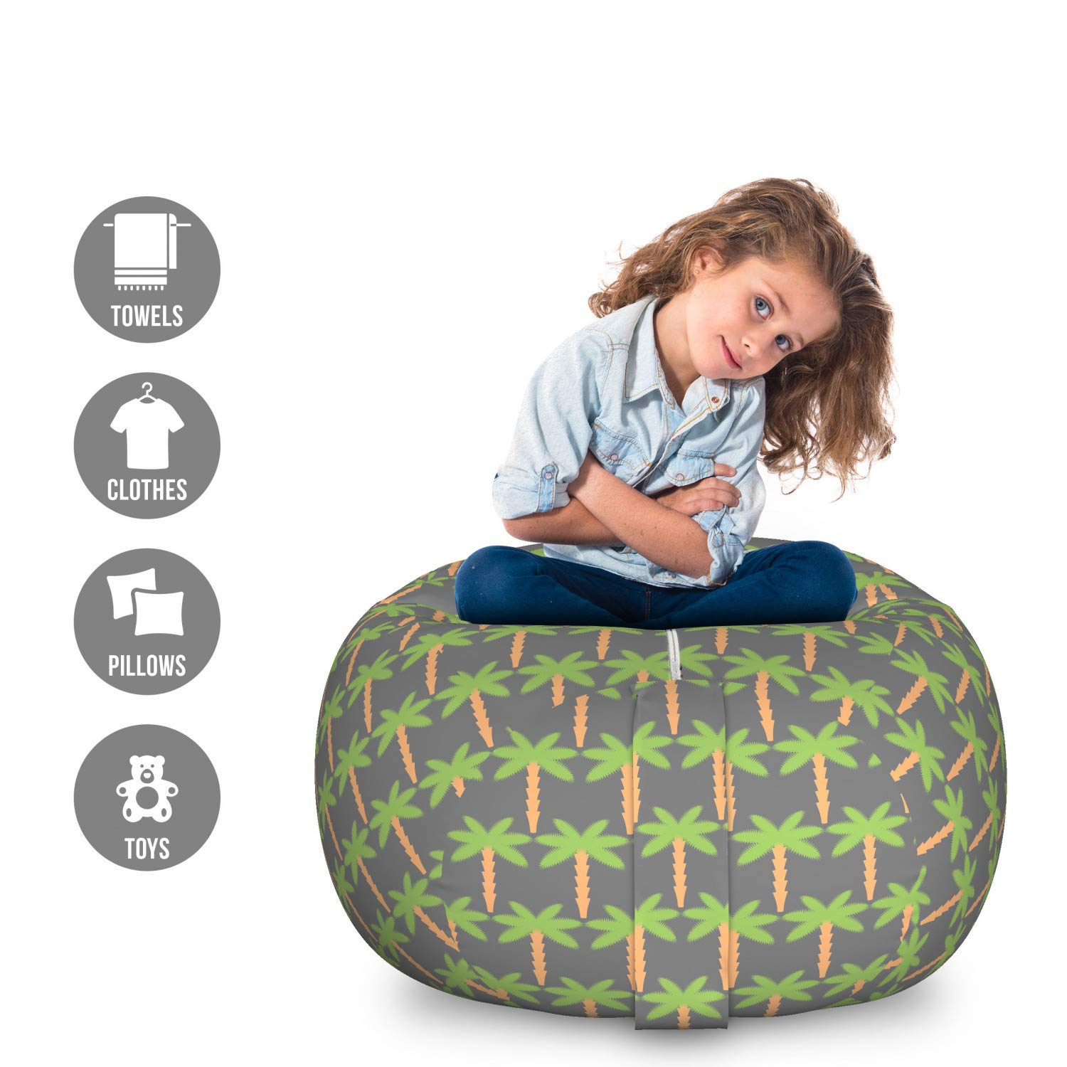 Ambesonne Exotic Storage Toy Bag Chair - Tropical Palm Trees Hawaiian Nature Design, Large Washable Stuffed Animal Organizer in Grey Lime Green | Perfect for Kids' Room, Playroom & Dorm Organization