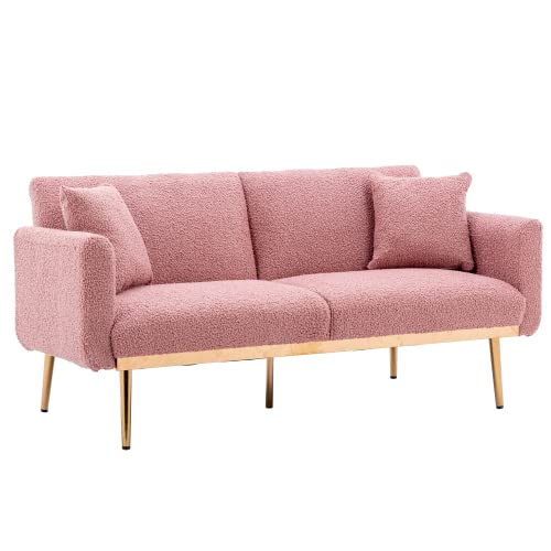 Velvet Convertible Futon Sofa Bed with Golden Metal Legs - Mid Century Loveseat Sofa Chair & Accent Sofa for Living Room, Bedroom or Office - Includes 2 Couch Pillows in Soft Brush Pink Teddy Fabric - Perfect for Small Spaces, Guest Sleeping & Modern Home Decor