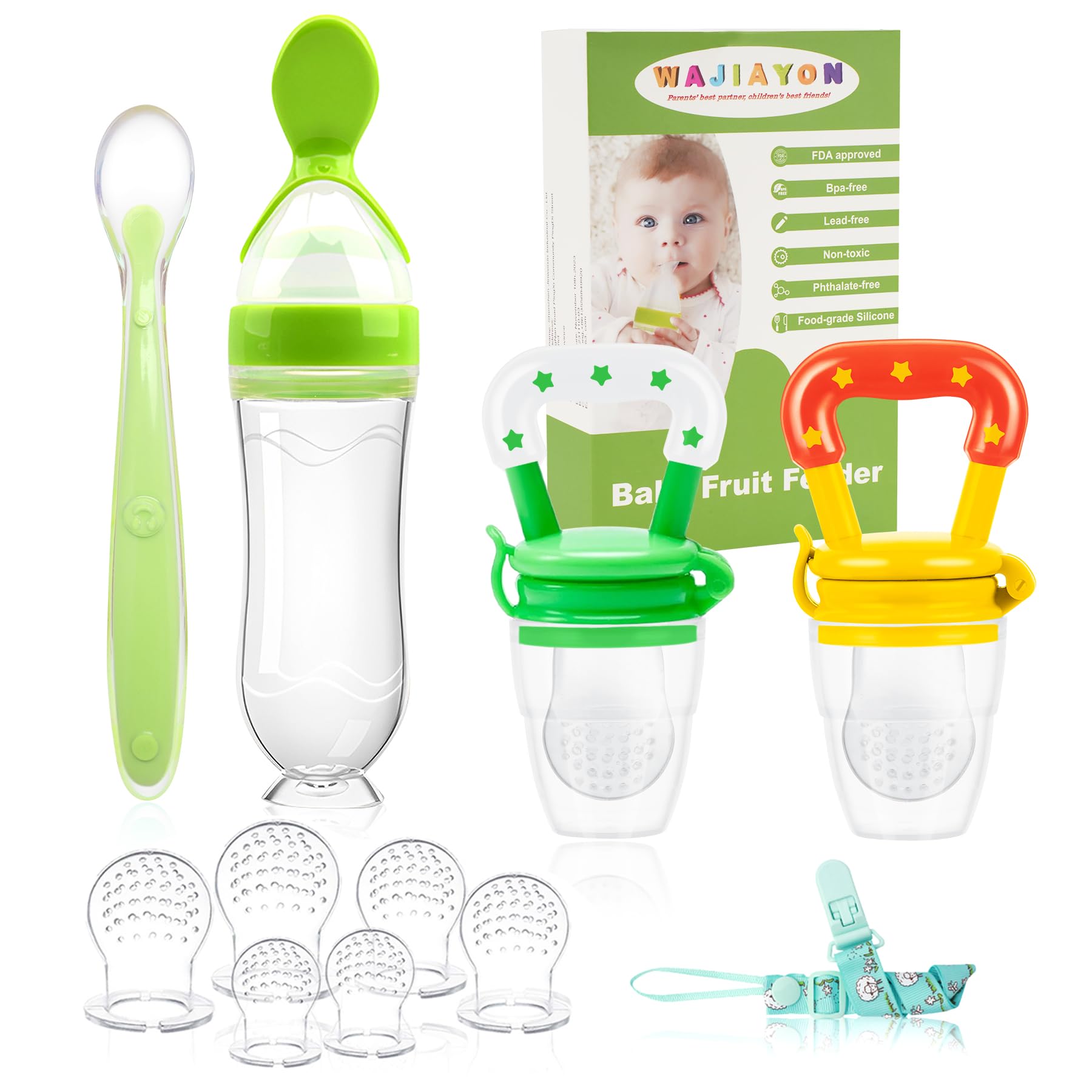 WAJIAYON Baby Fruit Feeder Pacifier - 5 Pack Set with 2 Silicone Teethers, 1 Food Dispensing Spoon | BPA-Free Mesh & Silicone Baby Food Feeder for Infants 6-12 Months | Perfect for Teething Relief, Fresh Fruit Snacks & On-the-Go Feeding (Green & Yellow)