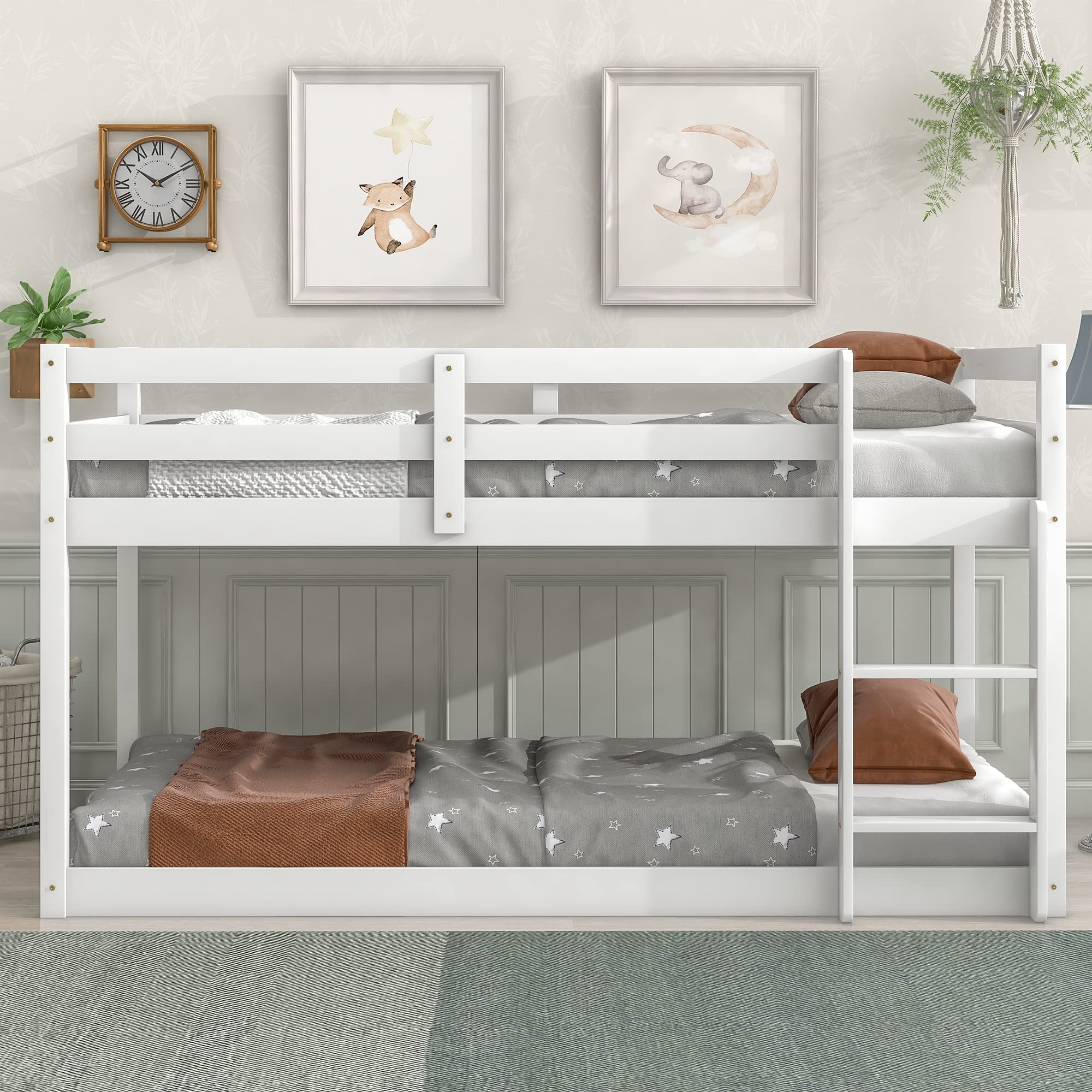Solid Wood Twin Over Twin Floor Bunk Bed with Ladder & Safety Rails - Sturdy Wooden Bunk Beds for Teens/Adults - Low Profile Bed Frame, No Box Spring Needed - White - Perfect for Kids' Bedrooms, Guest Rooms & Space-Saving Small Apartments