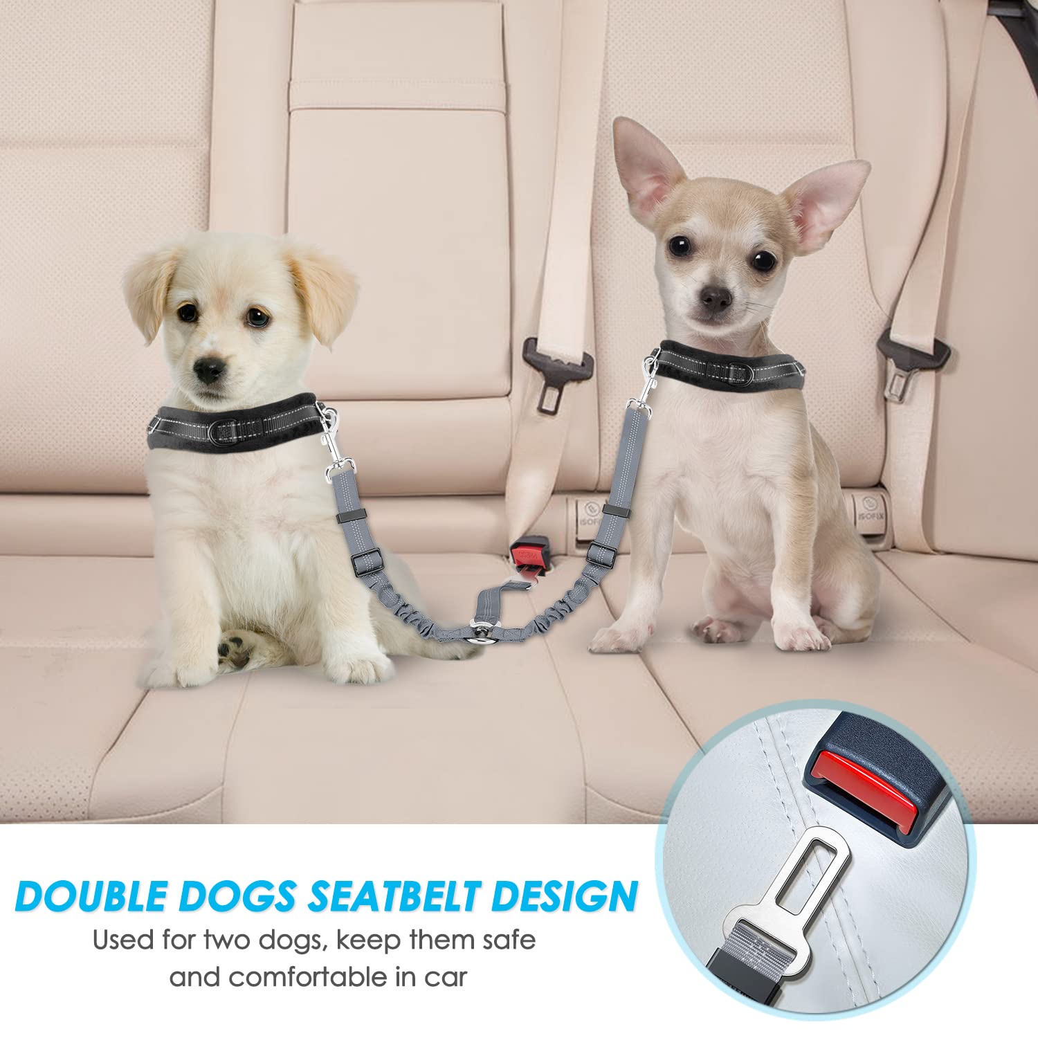 SlowTon Adjustable Double Dog Seat Belt - Elastic Bungee Buffer & Reflective Y-Shape Harness for Safe Car Travel | No Tangle Two-Pet Vehicle Safety Leash | Perfect for Road Trips, Vet Visits & Daily Commutes (Grey, Small)