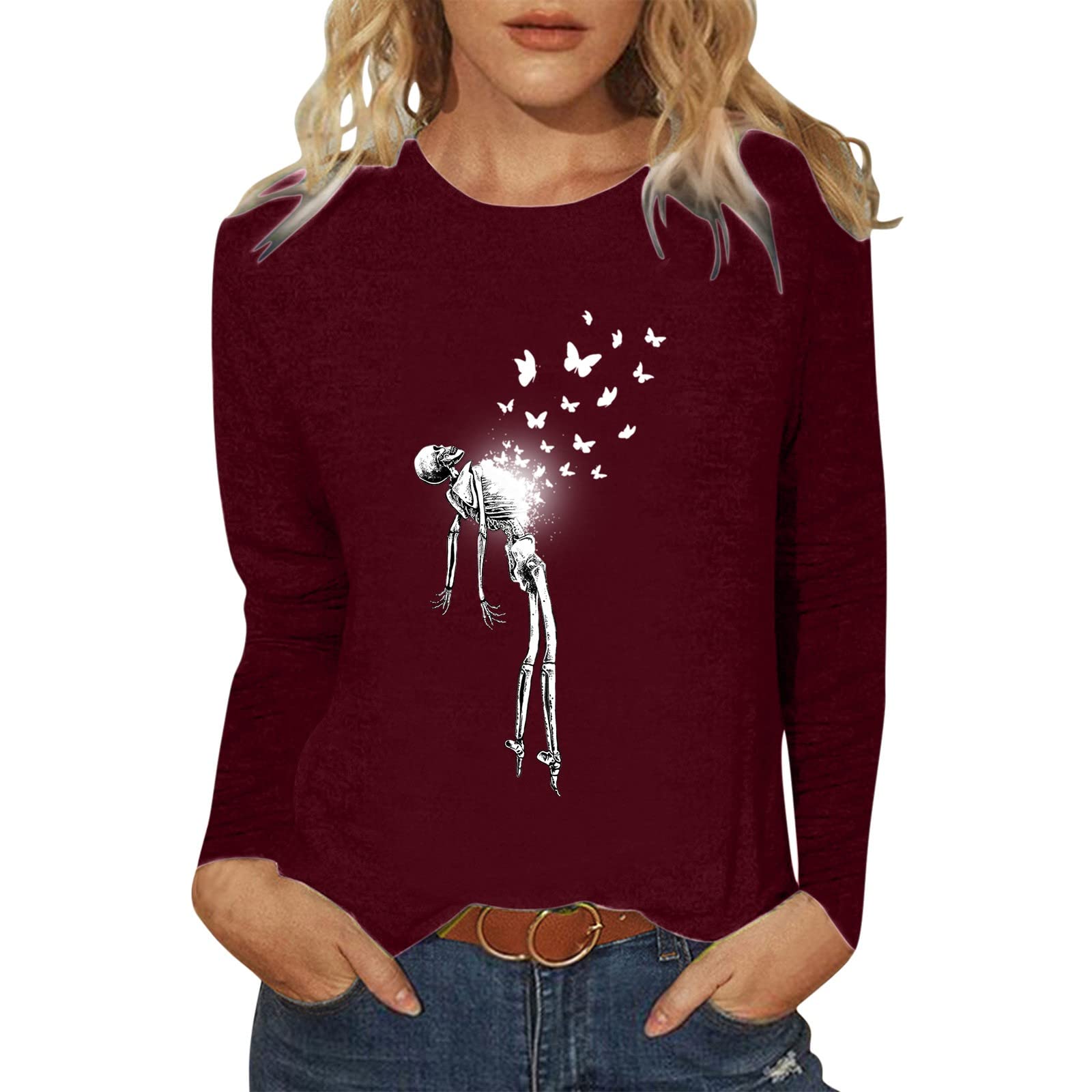 Huarll Women's Long Sleeve Crew Neck T-Shirt - Funny Skeleton Print Fall Top for Women | Casual Wear, Halloween Costume, Autumn Outfit