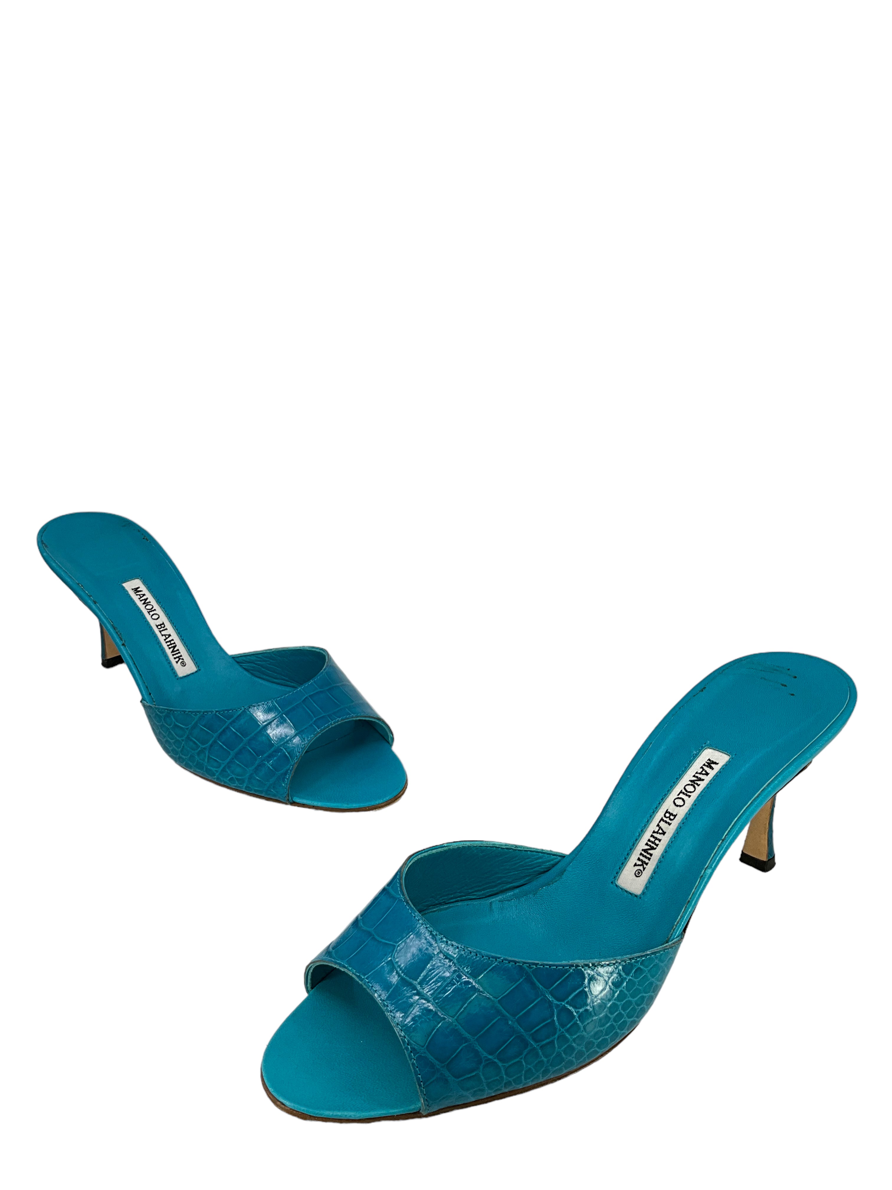 Manolo Blahnik Turquoise Alligator Leather Mules Women's Size 11 | Luxury Designer Shoes for Weddings, Parties & Special Occasions