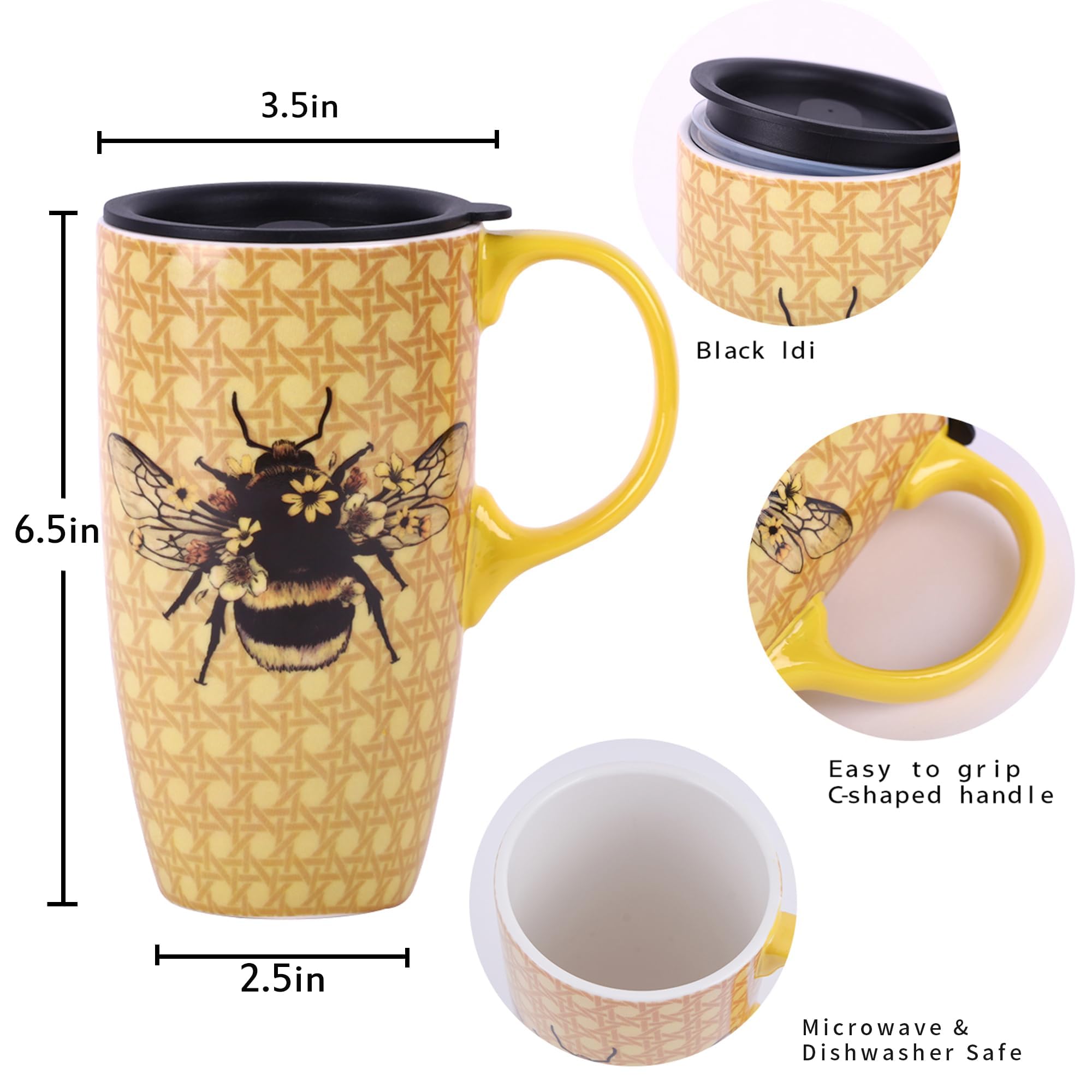 DUSVALLY 17oz Reusable Ceramic Travel Mug with Lid & Handle - Microwave & Dishwasher Safe Coffee Cup for Office, Camping, Car - Bee Art Design Tea Tumbler Gift for Coffee Lovers