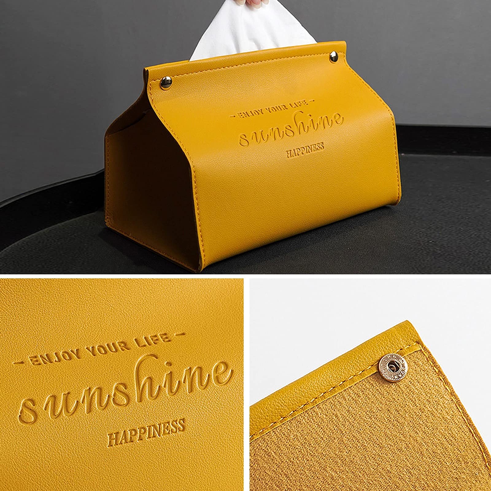 Leather Tissue Box Holder - Retro Toilet Paper Dispenser & Napkin Holder for Car, Home, Office - Yellow Table Decor & Organizer for Paper Towels, Tissues & Napkins