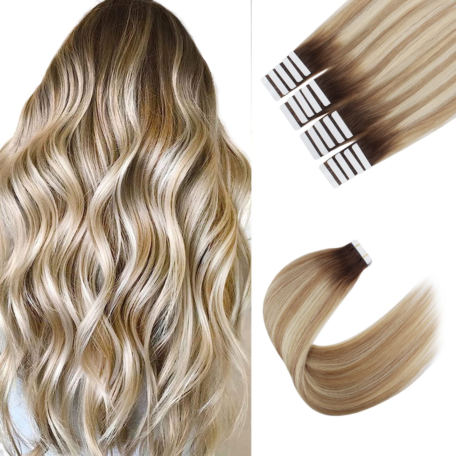 Sixstarhair Tape In Hair Extensions 20 Pieces - Remy Human Hair, Rooted Brown to Ash Brown Blending with Beach Blonde (Color R3-8P613, 16inch) - Perfect for Volume Boost, Length Extension & Styling for Parties, Weddings & Daily Wear