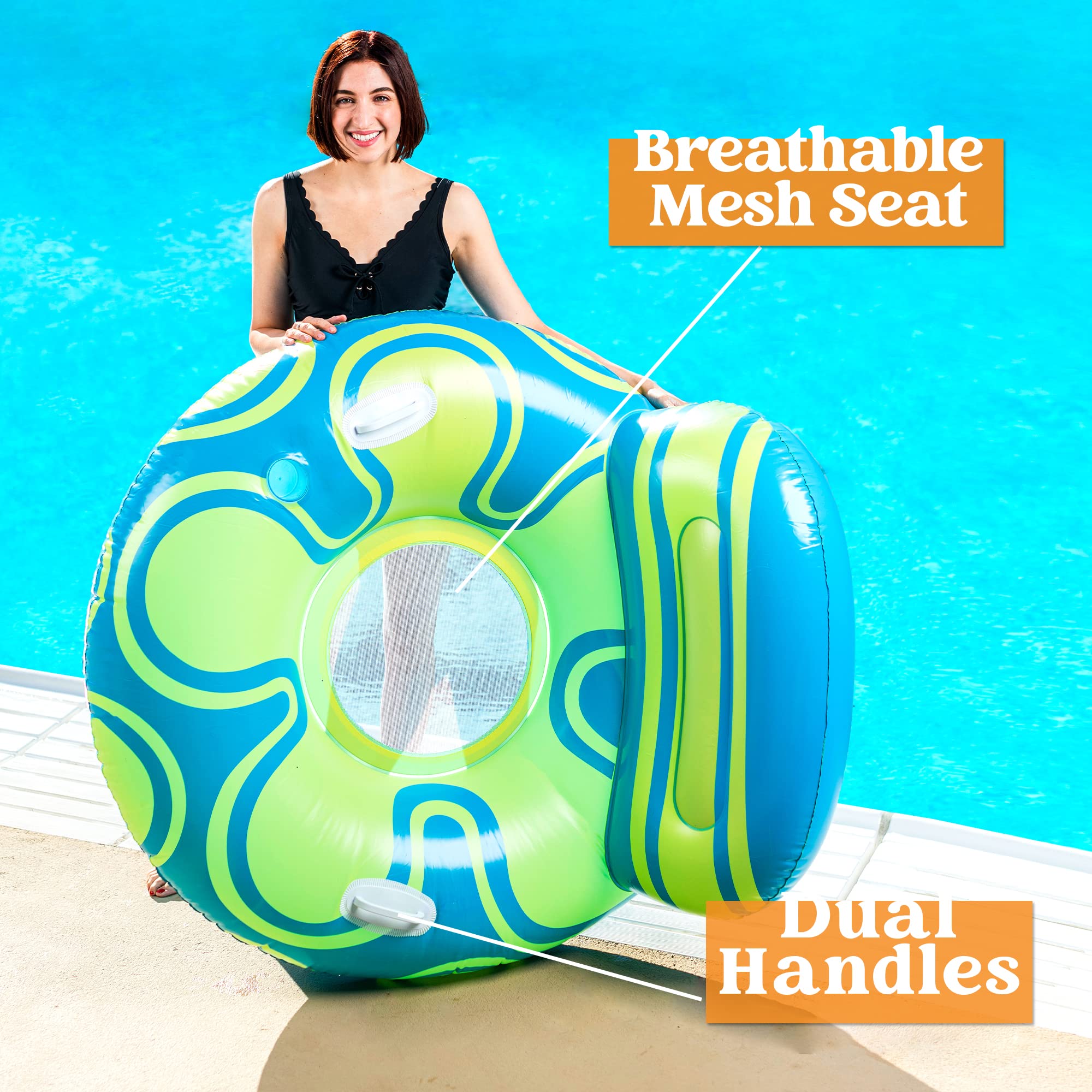 **Sloosh Inflatable Pool Float Lounger - Comfortable River Tube Floating Chair with Big Backrest, Mesh Bottom & Cup Holder - Perfect for Lake, Pool, Beach Relaxation & Summer Party Fun (Blue & Yellow)**