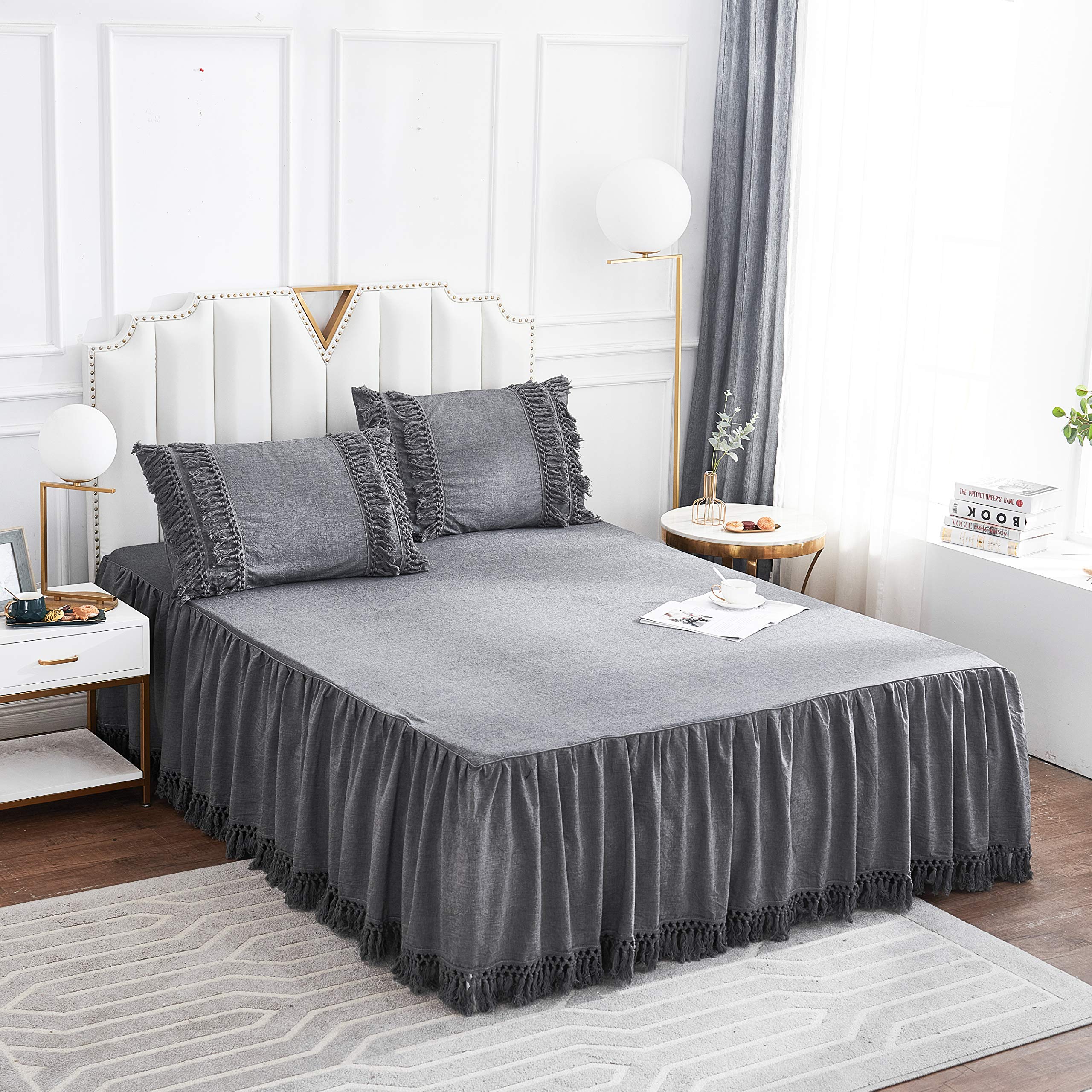 Softta Vintage Full Ruffle Tassel Bed Skirt - 100% Washed Cotton Solid Grey Boho Bedding for Girls | Perfect for Twin, Queen & King Beds - Enhances Boho, Farmhouse & Vintage Bedroom Decor