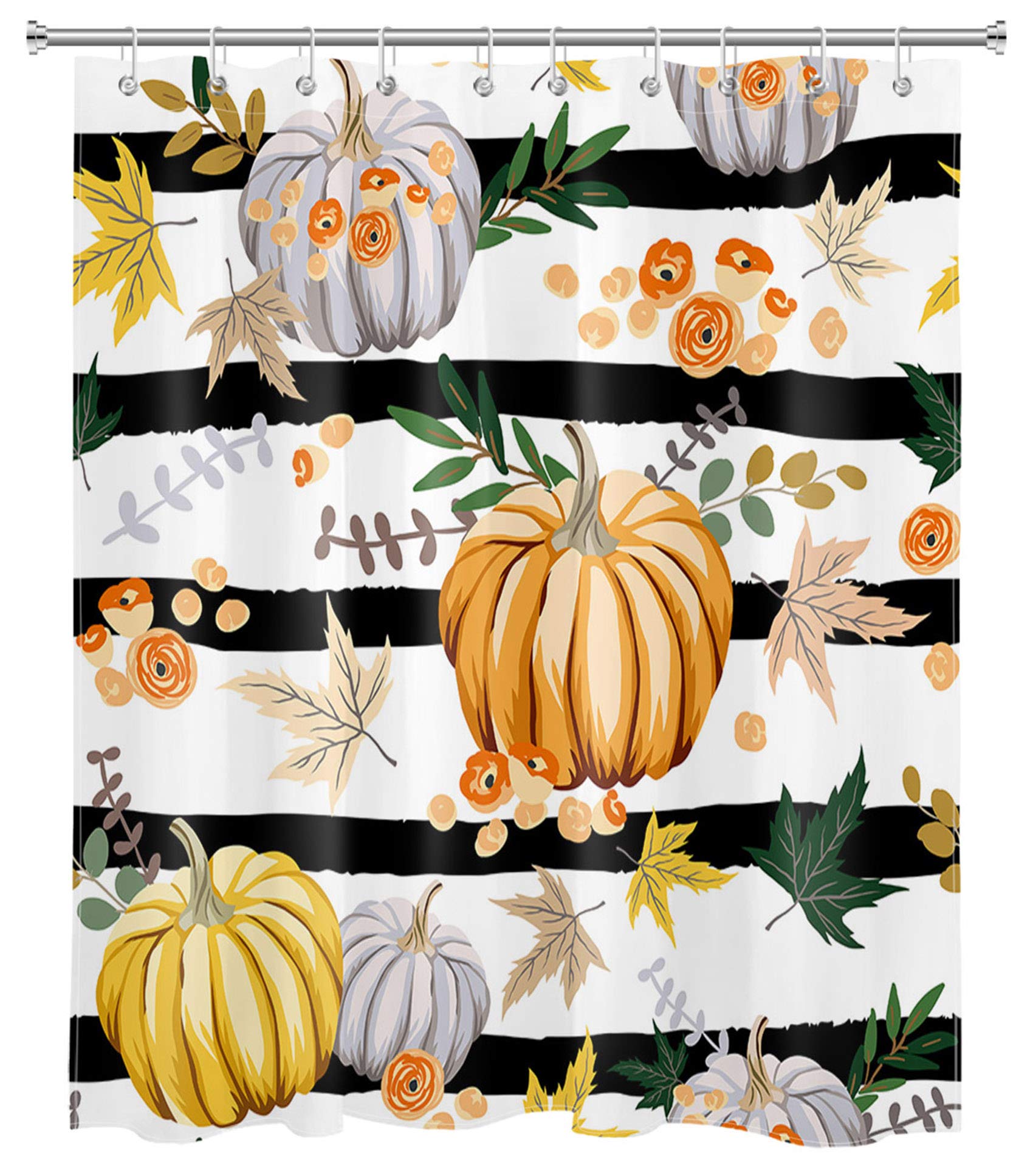 LB Fall Pumpkin Shower Curtain - Black & White Striped with Maple Leaves - Farmhouse Autumn Bathroom Decor - Waterproof Polyester Fabric (60x72 inches) - Perfect for Thanksgiving, Halloween & Cozy Fall Bathroom Decorations