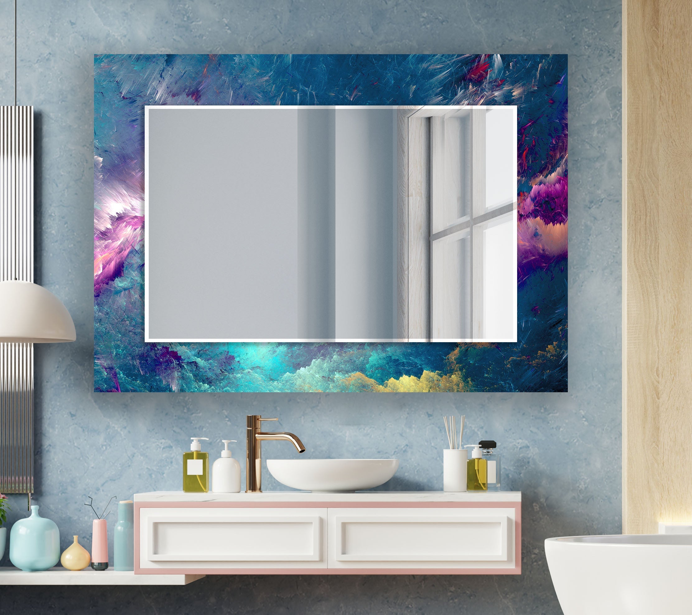 Blue & Purple Lightning Wall Mirror - Modern Decorative Mirror for Living Room, Bedroom, or Entryway - Shatterproof & Stylish Home Decor Accent