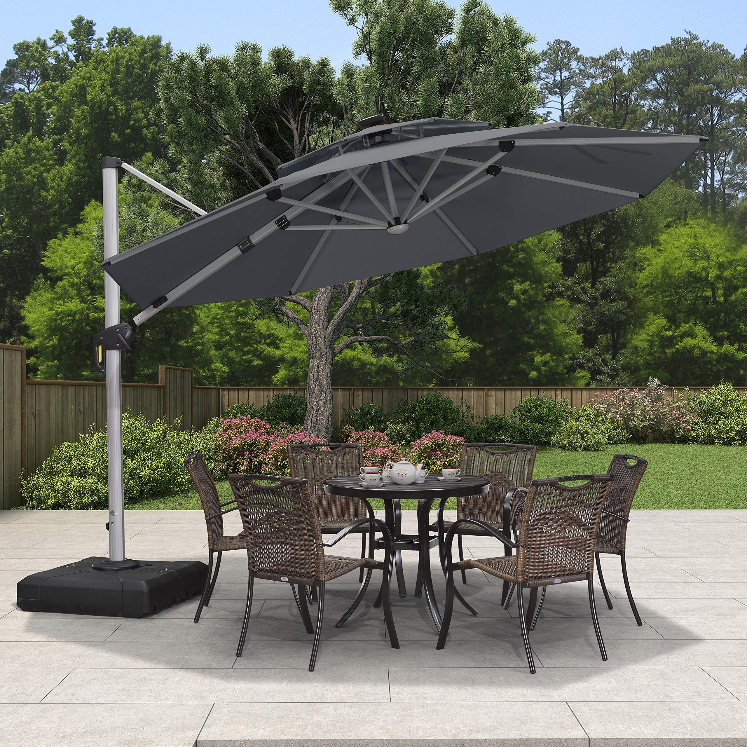 PURPLE LEAF 11ft Solar Powered LED Patio Umbrella - Large Windproof Cantilever Outdoor Umbrella with Bright LED Lights, Heavy Duty Sun Shade for Garden, Deck, Pool & Backyard (Grey) - Perfect for Outdoor Dining, Lounging & Summer Relaxation