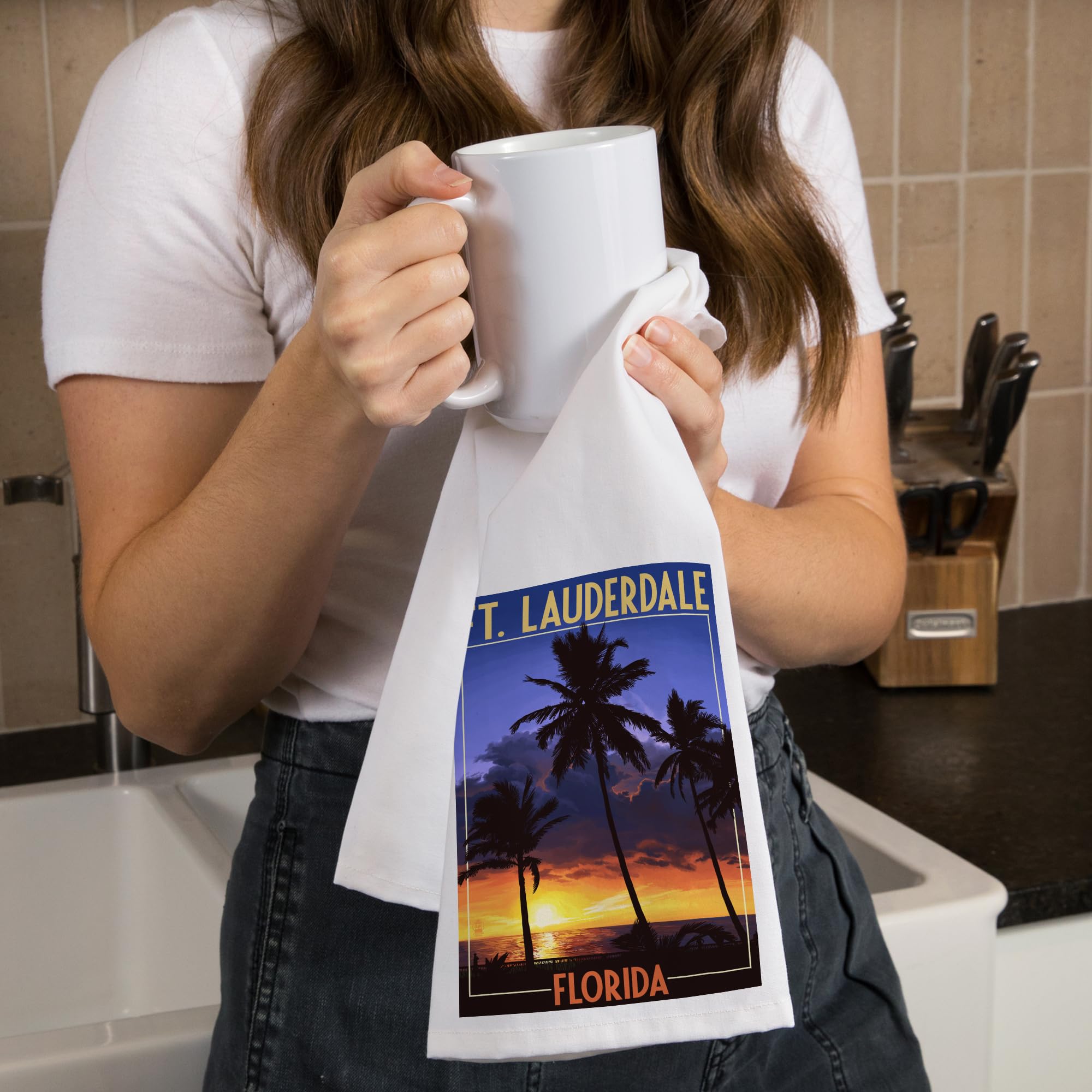 Florida Sunset & Palm Trees 100% Cotton Tea Towel - Decorative Kitchen Hand Towel for Home, Dining & Beach House Decor