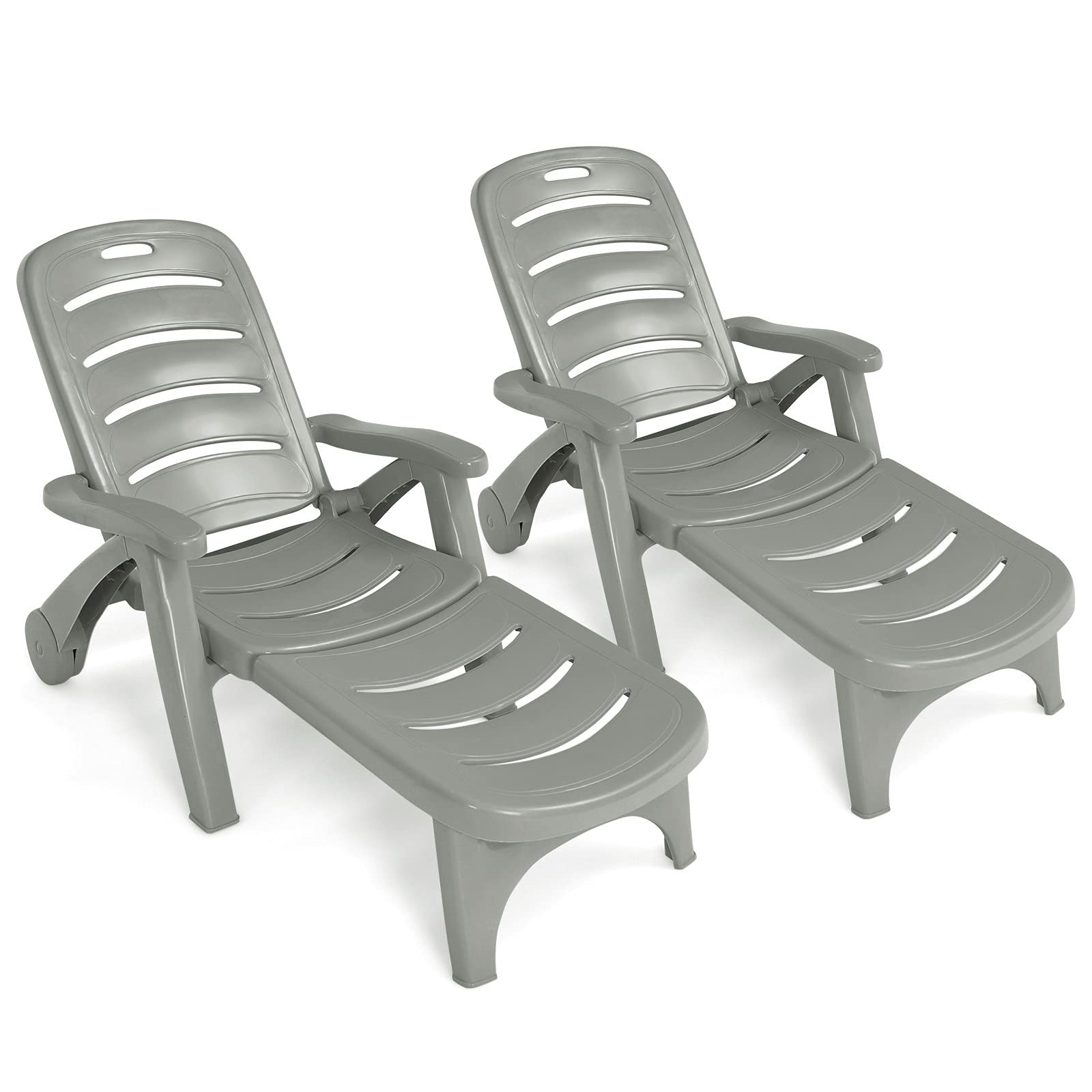 Giantex Folding Patio Chaise Lounge Recliner with Wheels - 5 Adjustable Positions, Armrests & Rolling Design - Perfect for Poolside, Backyard, Garden, Beach & Outdoor Sunbathing (Gray, 2-Pack) - Ideal for Relaxing by the Pool, Lounging in the Yard or Soaking Up Sun at the Beach