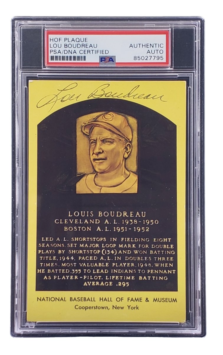Lou Boudreau Autographed 4x6 Cleveland HOF Plaque Card - PSA/DNA Certified #85027795 - Perfect for Baseball Memorabilia Collections & Sports Fan Gifts