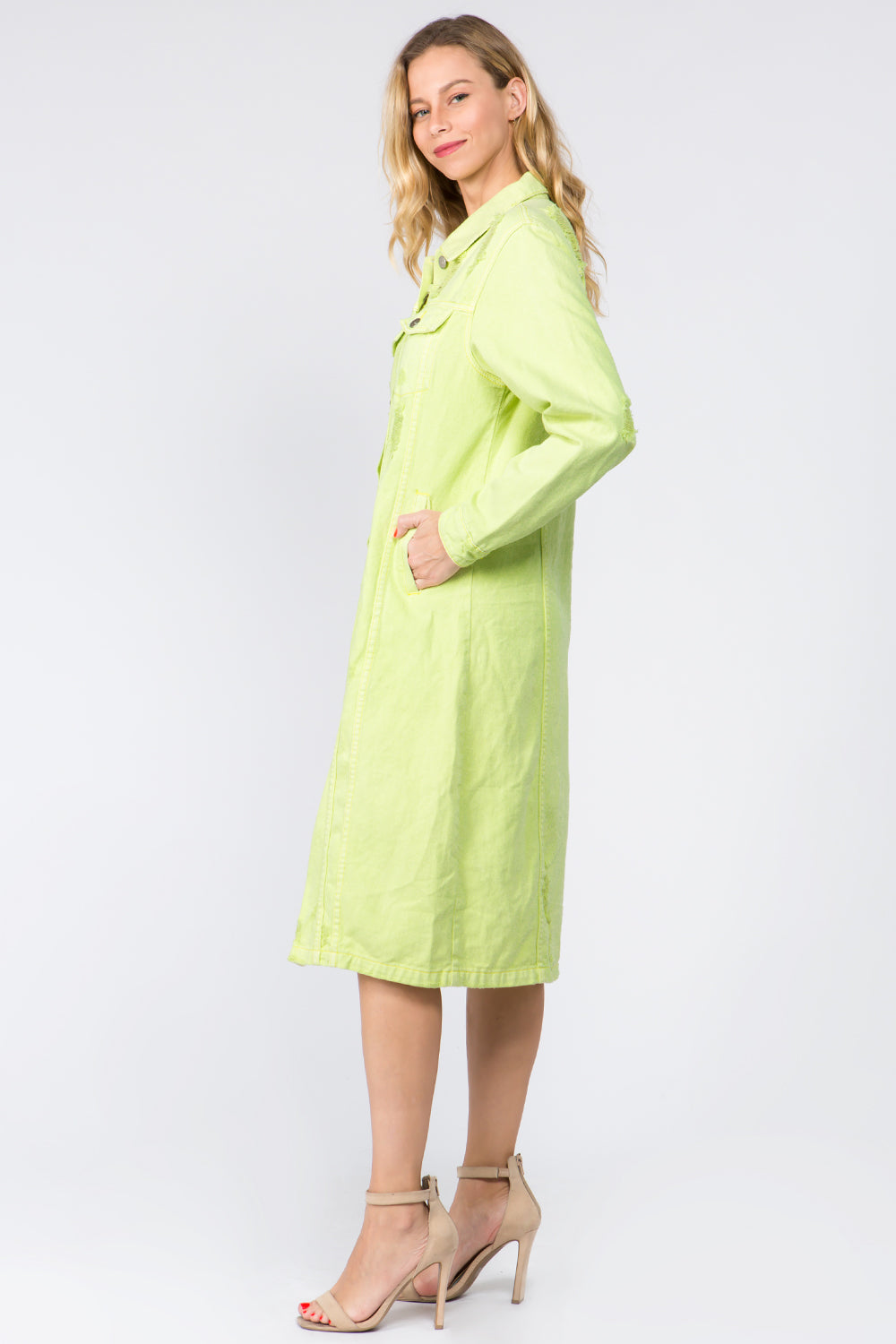 Distressed Denim Button-Up Midi Dress for Women - Vintage Style Casual & Boho Outfit - Perfect for Date Nights, Brunch, and Summer Festivals
