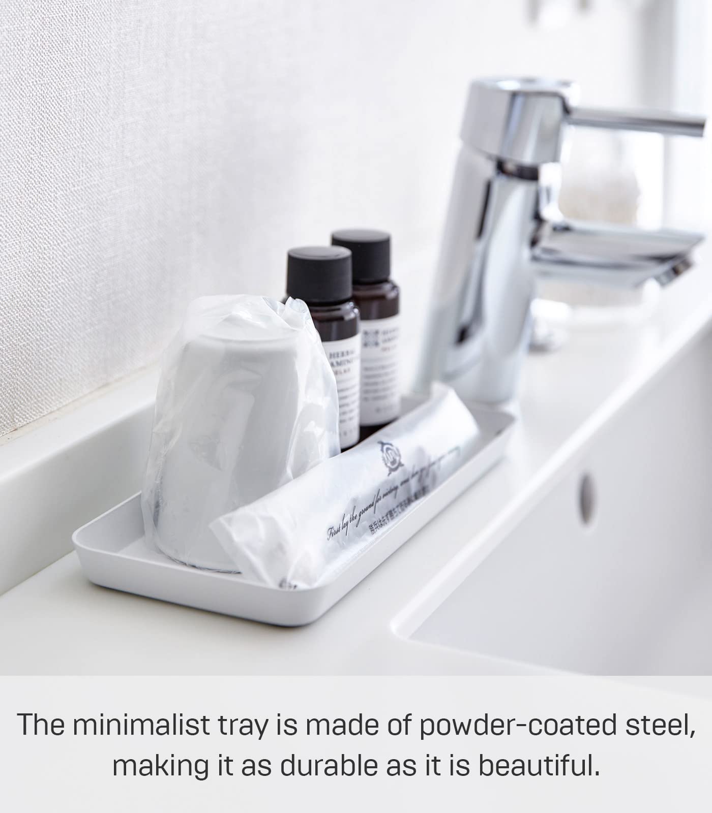 Yamazaki Home Space Saving Vanity Tray - Sleek Steel Flat White Organizer for Jewelry & Cosmetics | Perfect for Bathroom Countertops & Dresser Tops