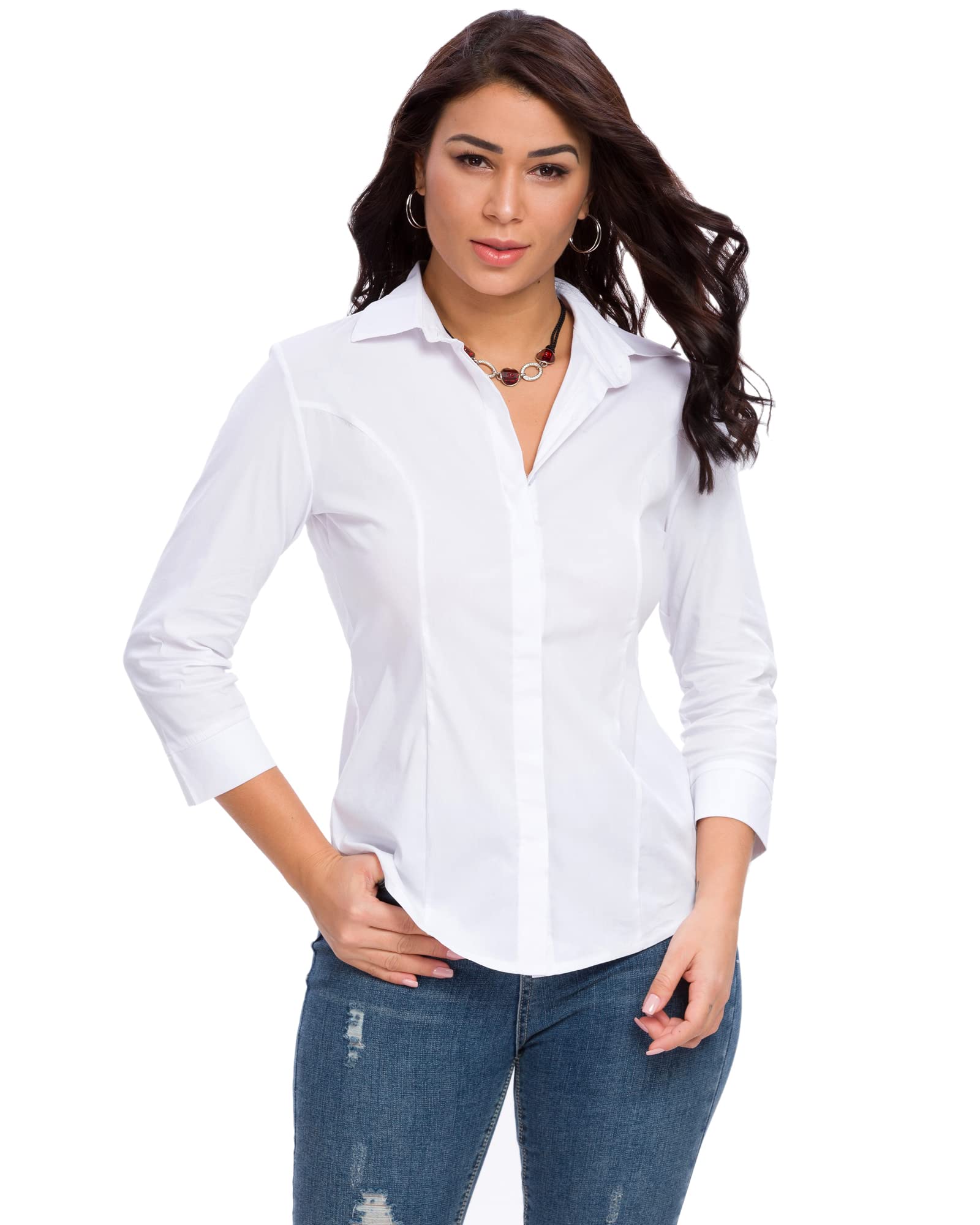 Women's 3/4 Sleeve White Stretch Button Down Blouse - Formal Office Shirt & Summer Dress Top for Work, Business, and Casual Outings