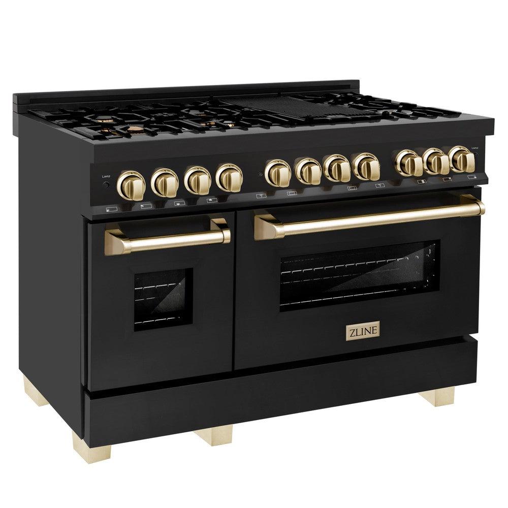ZLINE Autograph Edition 48-inch Professional Kitchen Package - Black Stainless Steel Dual Fuel Range, Range Hood, Dishwasher & Refrigerator with External Water Dispenser & Polished Gold Accents (4AKPR RABRHDWV48 G) - Perfect for Modern Luxury Kitchens, Restaurant-Style Cooking & Entertaining