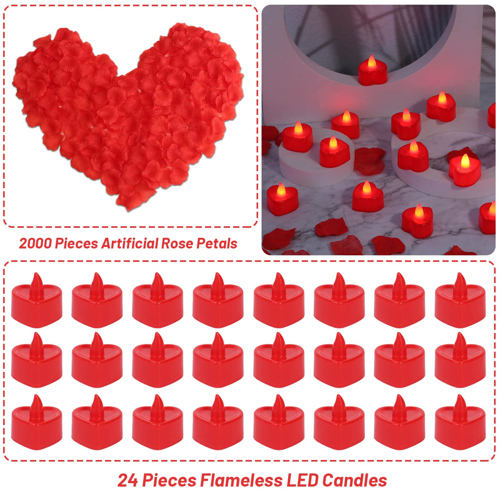 2000pcs Artificial Red Rose Petals with 24 Flameless LED Candles Set - Romantic Wedding, Valentine's Day Decor for Bedroom, Anniversary & Proposal Scenes - Cridoz