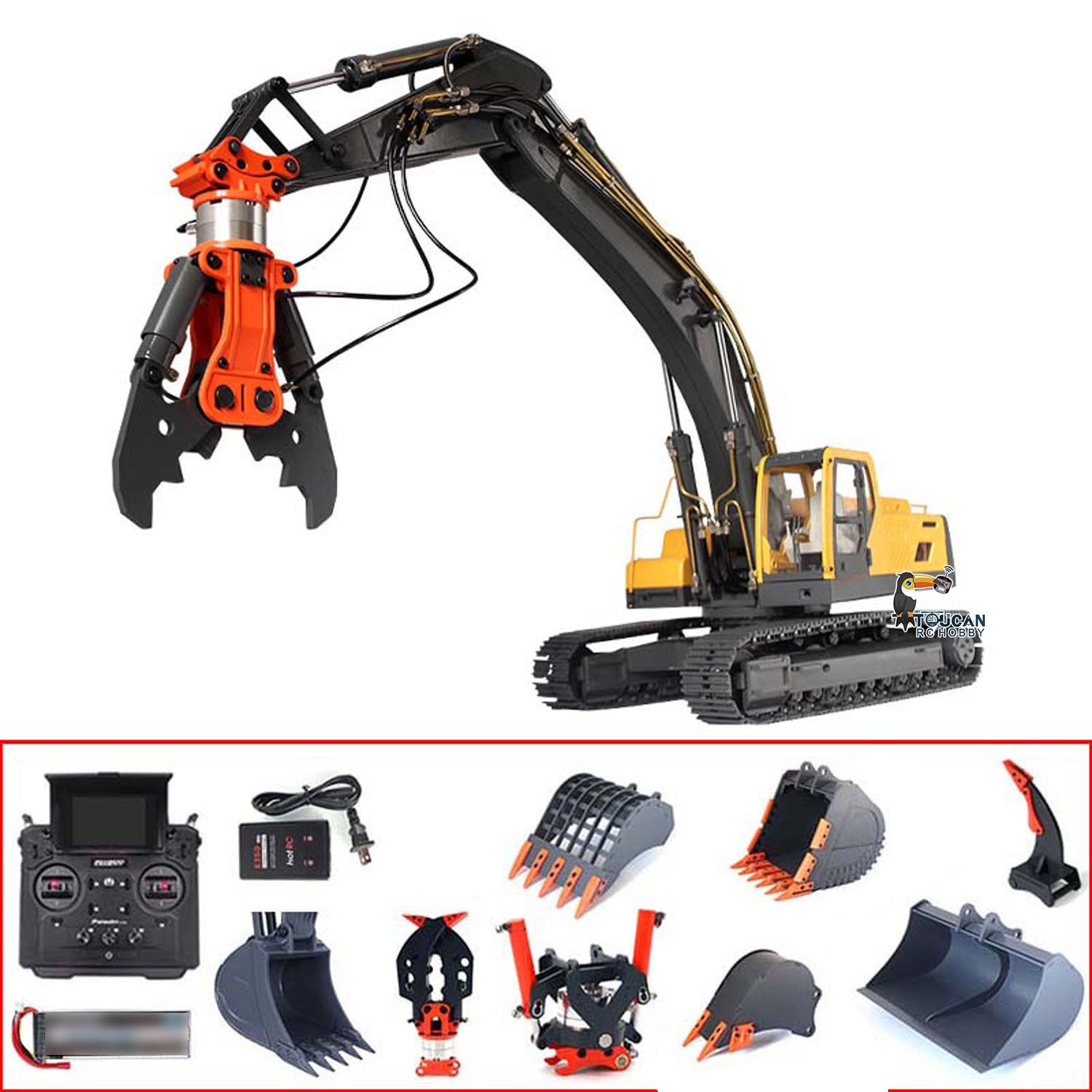 JDM 1/14 EC360 RC Hydraulic Excavator Toy - Radio Controlled Electric Digger V2 RTR Ultimate Edition with FlySky PL18 ESC & Servo Motor - Construction Simulation for Kids & Adults