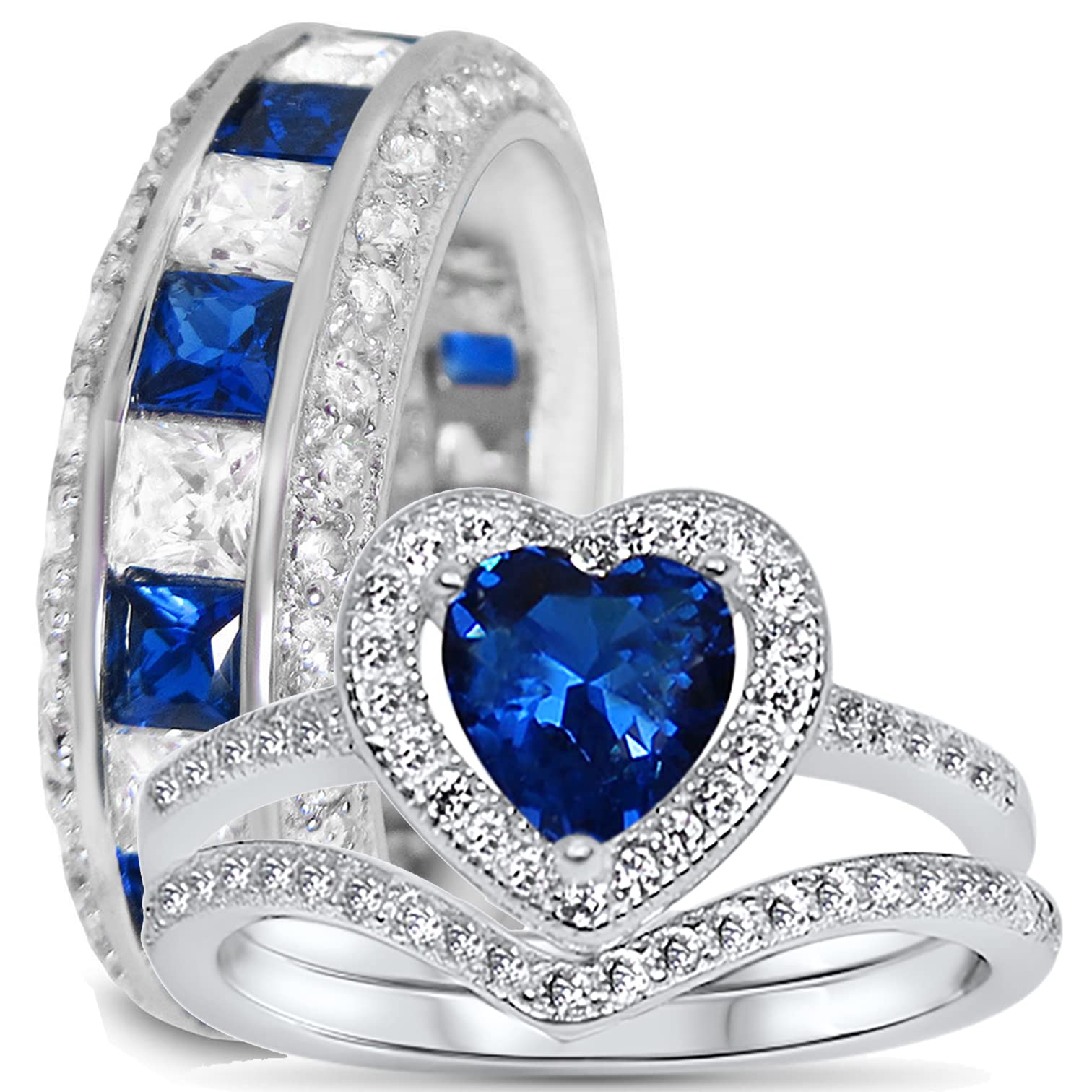 His & Hers 3-Piece Wedding Ring Set - CZ Simulated Sapphire Matching Bands for Couples - Perfect for Anniversaries, Engagements & Romantic Gifts