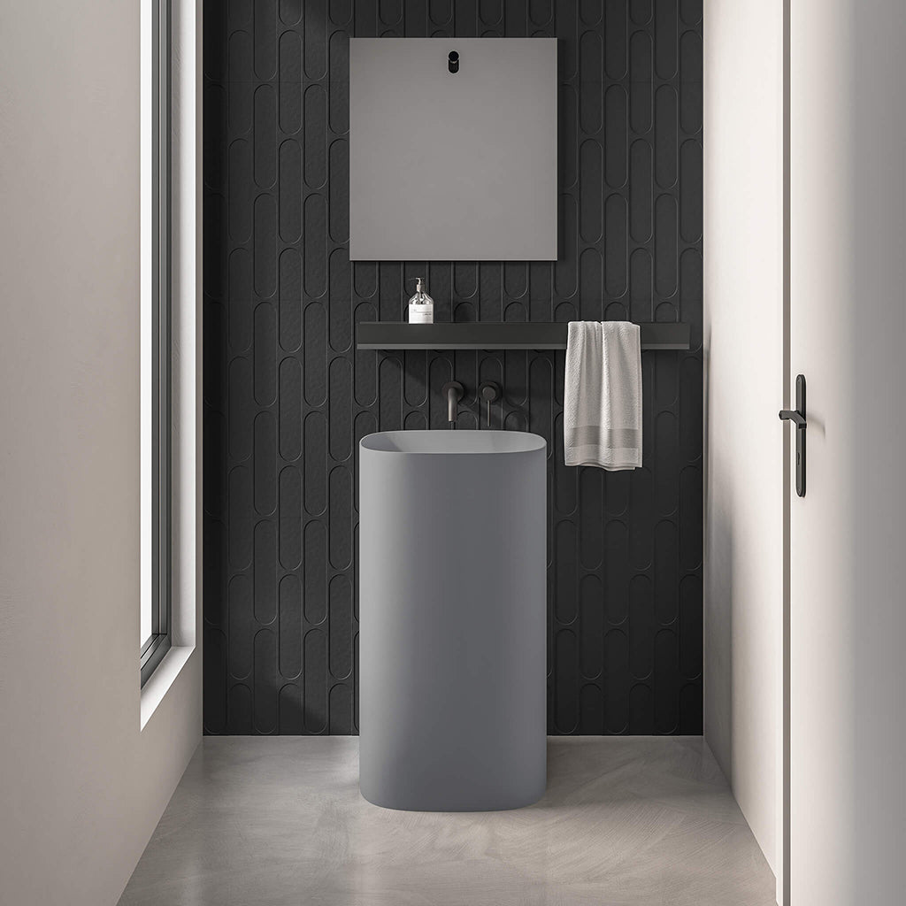 34 Inch Round Pedestal Sink - Floor Mount Solid Surface Bathroom Sink in Matte Grey | Modern Vanity Basin for Small Bathrooms & Powder Rooms