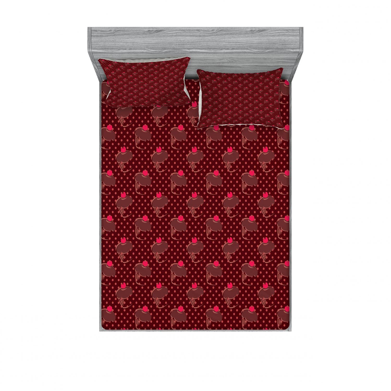 Ambesonne Chocolate Themed 2-Piece Queen Size Fitted Sheet Set with 4 Pillow Shams - Yummy Cupcakes & Cherry Print Dark Coral Burgundy Bedding for Sweet Dreams & Cozy Bedroom Decor