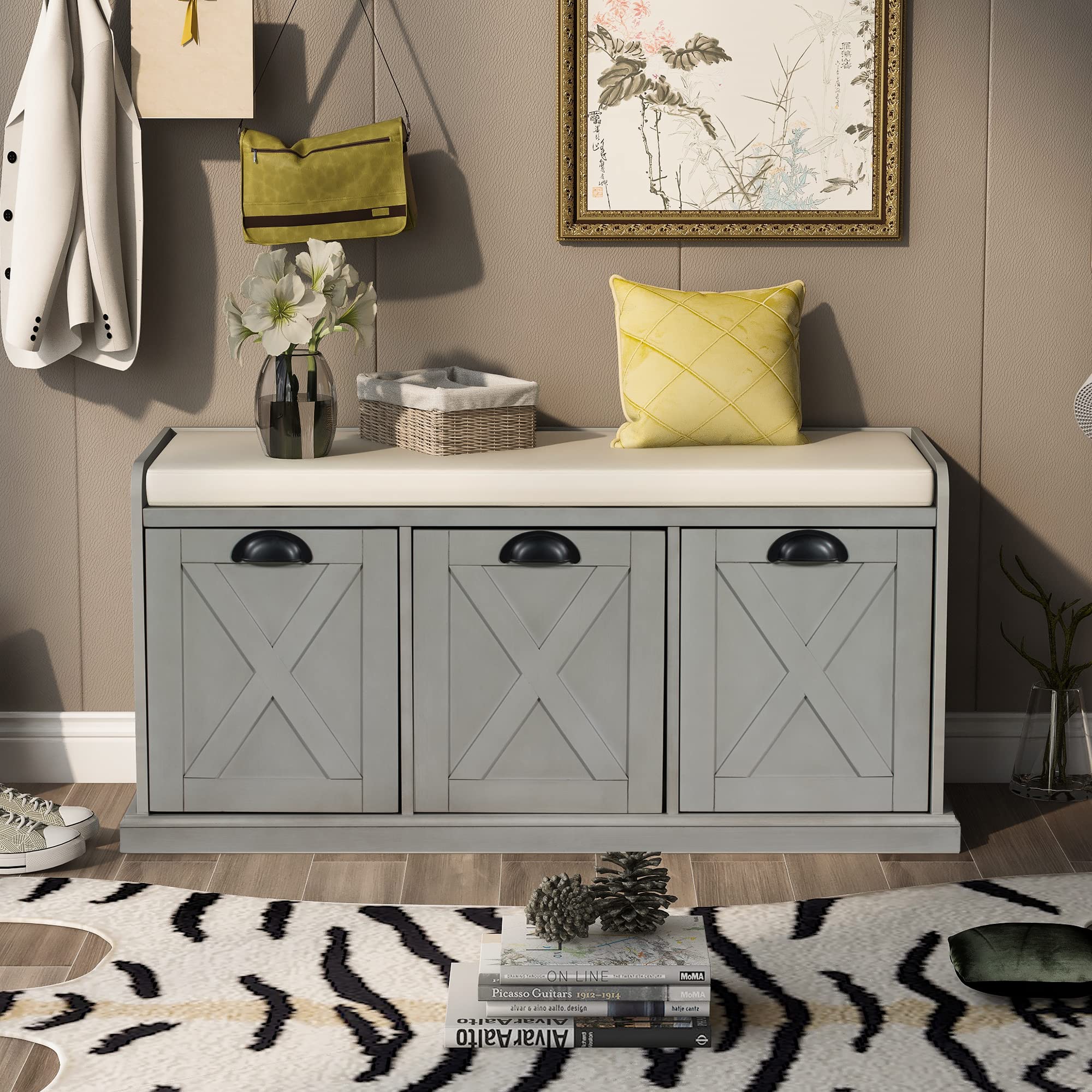 Rustic Wooden Storage Bench with 3 Drawers - Entryway Shoe Bench with Removable Cushion - 43