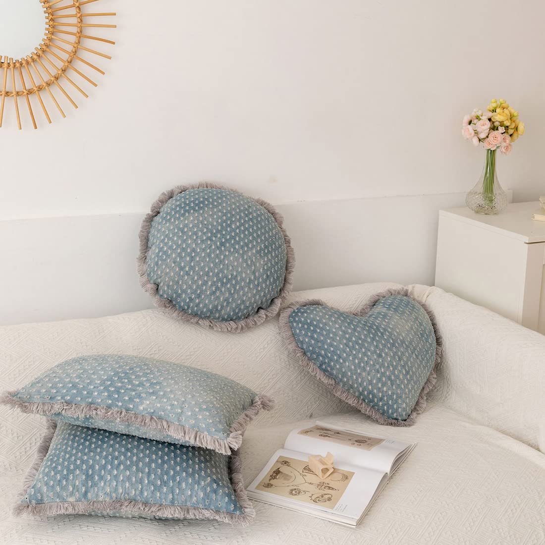 VCTOPS Blue Denim Throw Pillows with Tassels - 18x20 Inch Heart Shaped Love Decorative Pillow - Farmhouse Style Hollow Jean Cushion with Insert - Perfect for Sofa, Bed, Couch, Nursery & Home Decor