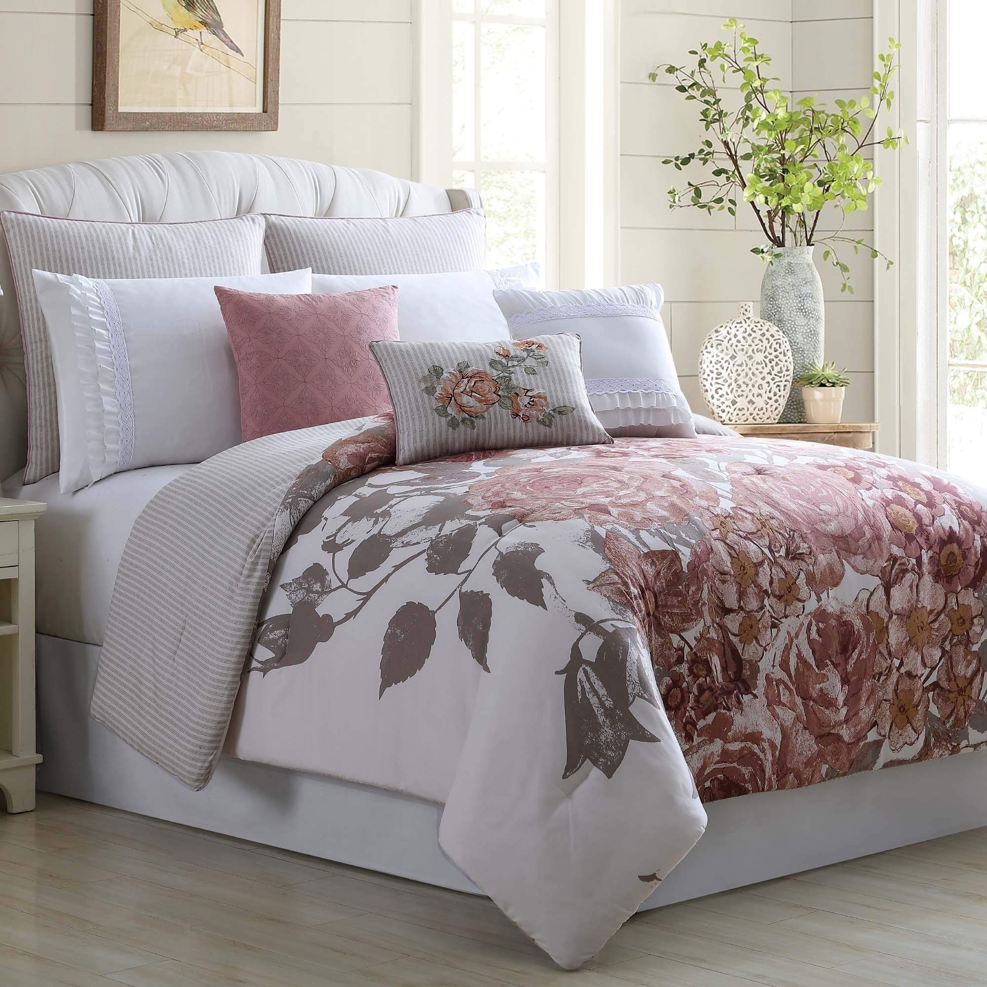 8-Piece Floral Comforter Set Queen - Pink White Grey Blossom Pattern Microfiber Bedding for Girls, Teens & Adults - Perfect for Spring Refresh, Guest Room Makeover or Cozy Bedroom Upgrade