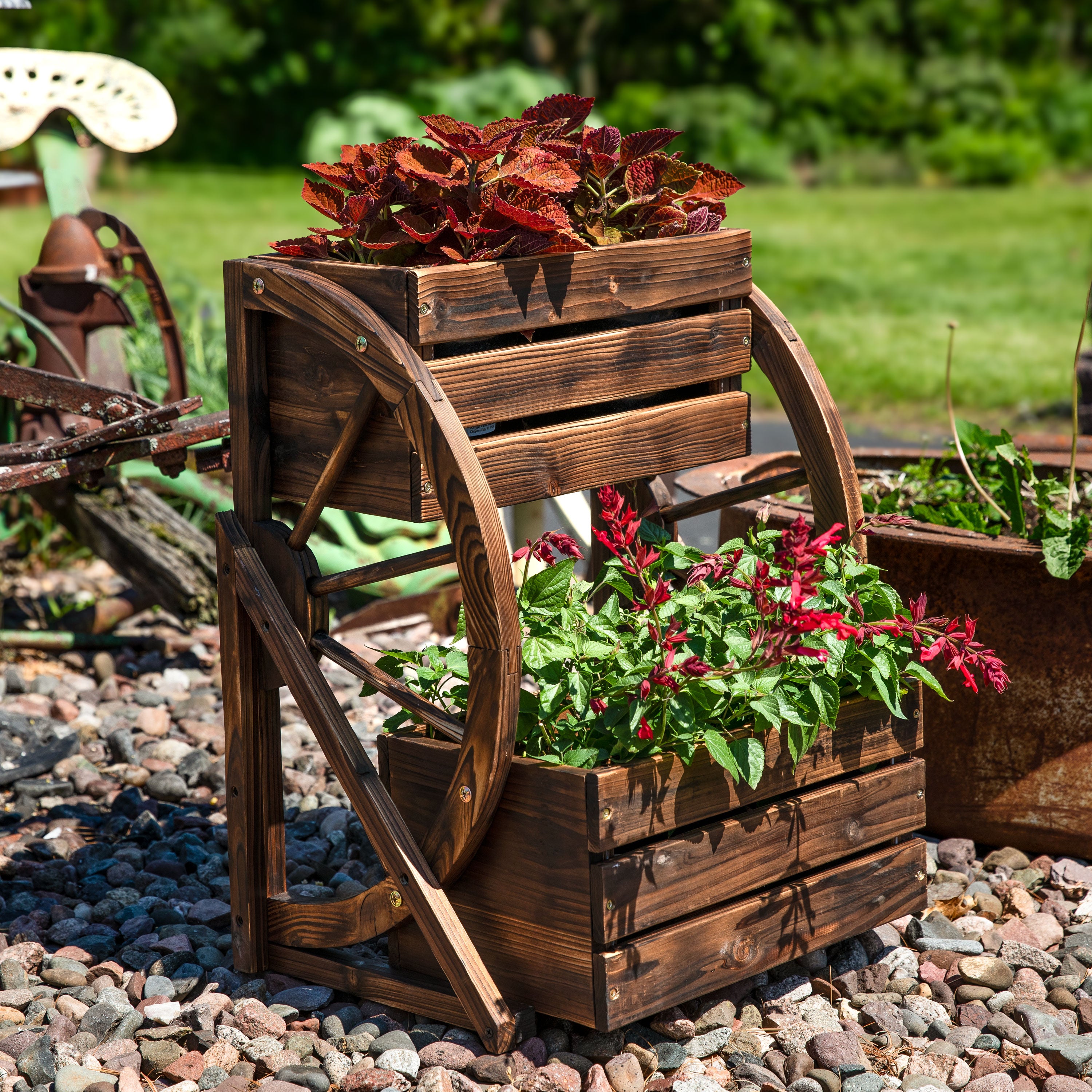 Rustic Wood Wagon Wheel 2-Tier Plant Stand for Indoor & Outdoor Decor - Perfect for Patio, Garden, or Farmhouse Style Home