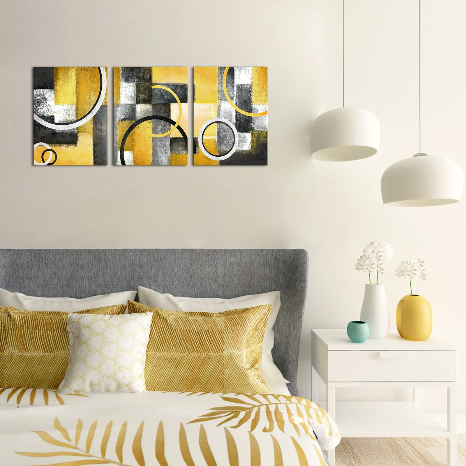 Abstract Geometric Circle Canvas Wall Art - Yellow & Grey for Living Room & Bedroom Decor